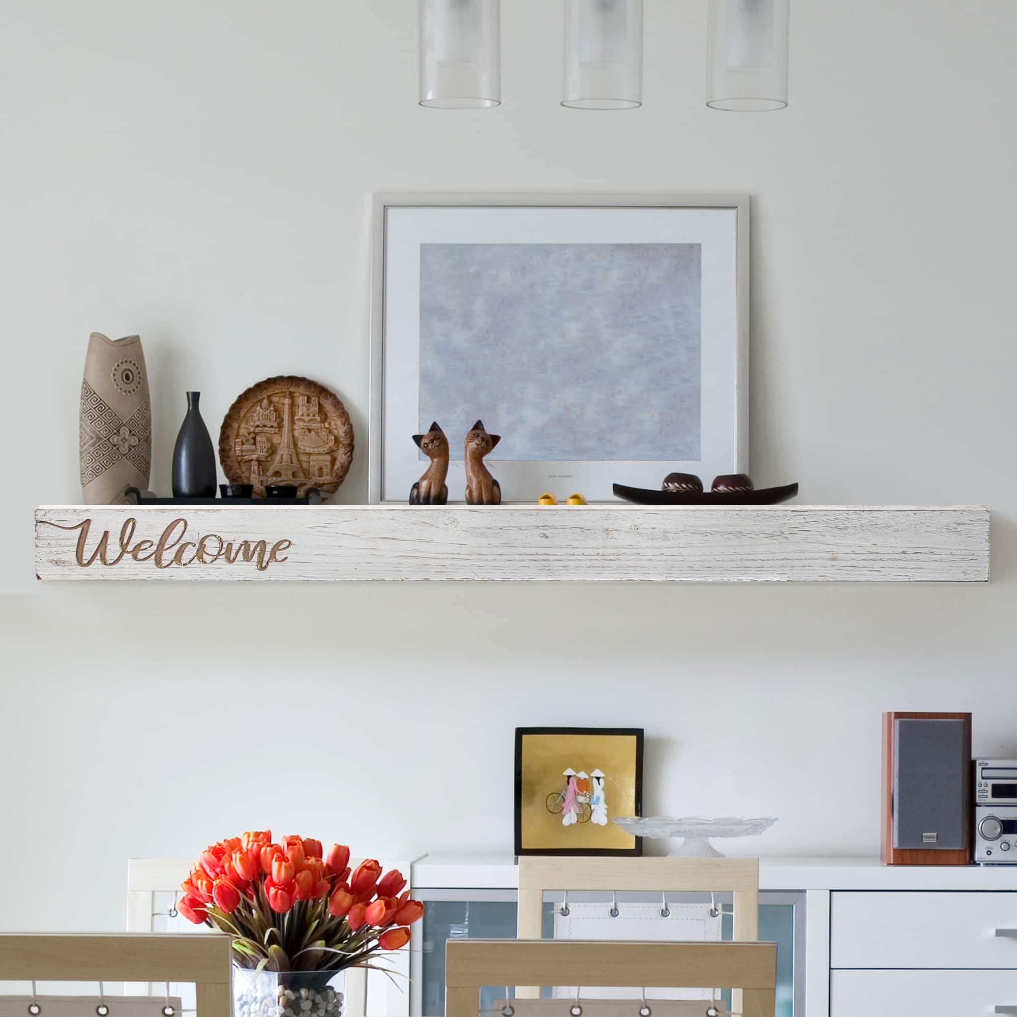 Whitewashed "Welcome" Text Engraving Floating Wall Shelf
