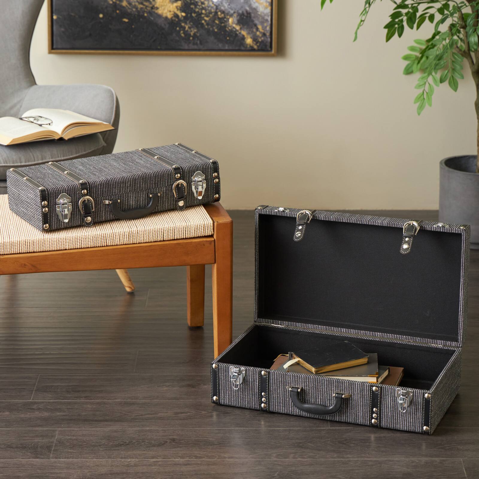 Black Fabric Woven Storage Decorative Trunk with Silver Latches &#x26; Buckles Set