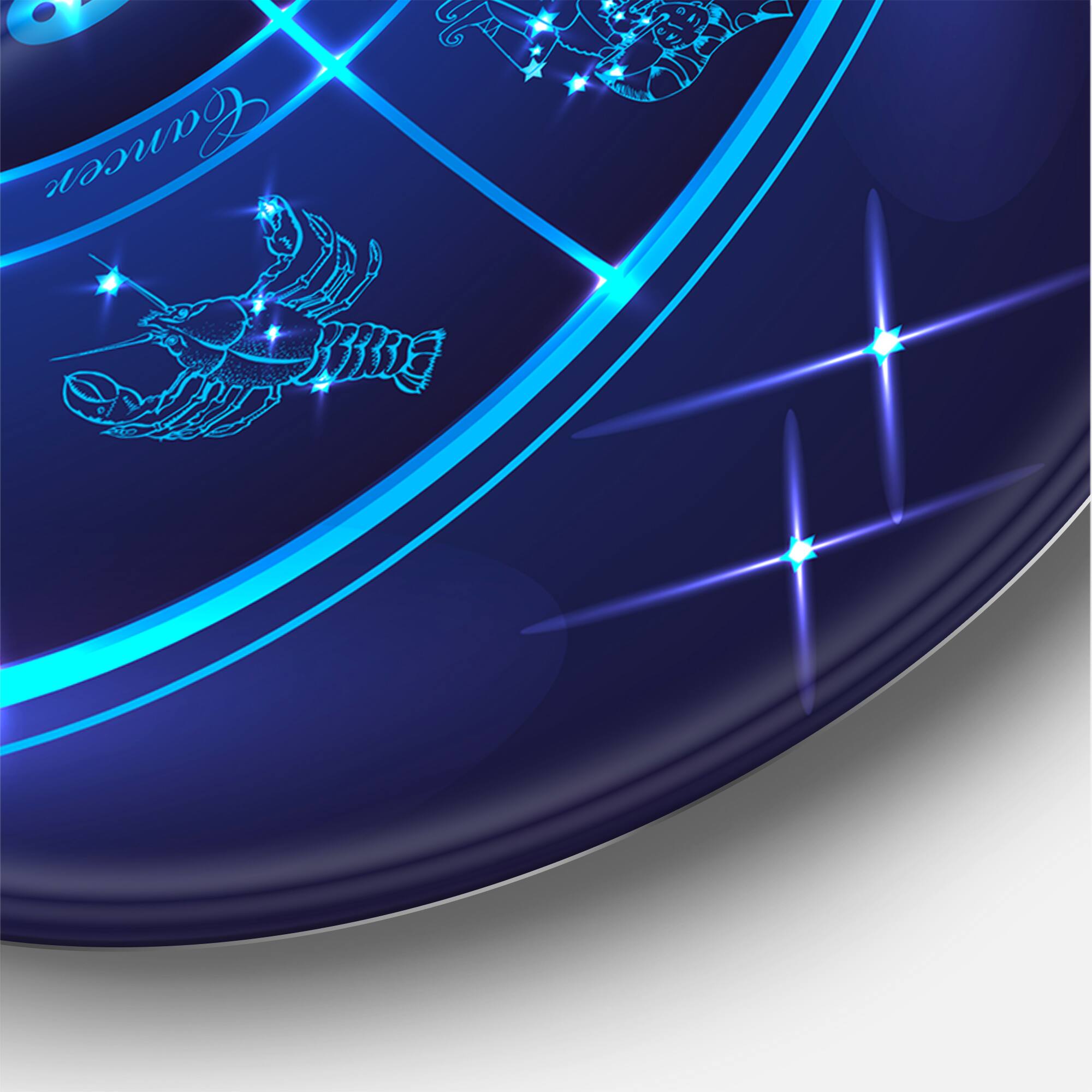 Designart - Neon Deep Blue Horoscope Circle With Zodiac Signs - Modern Metal Circle Wall Art