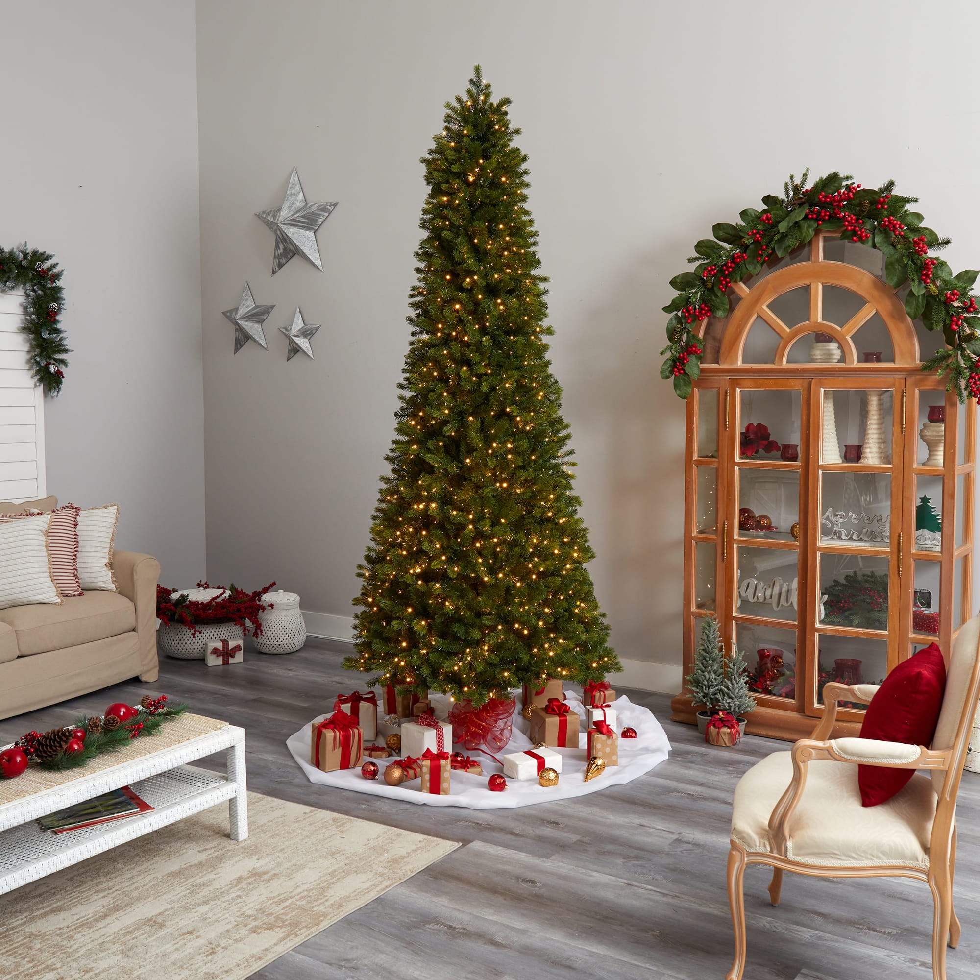 9.5ft. Pre-Lit Slim Colorado Mountain Spruce Artificial Christmas Tree, Multifunction White Micro LED Lights