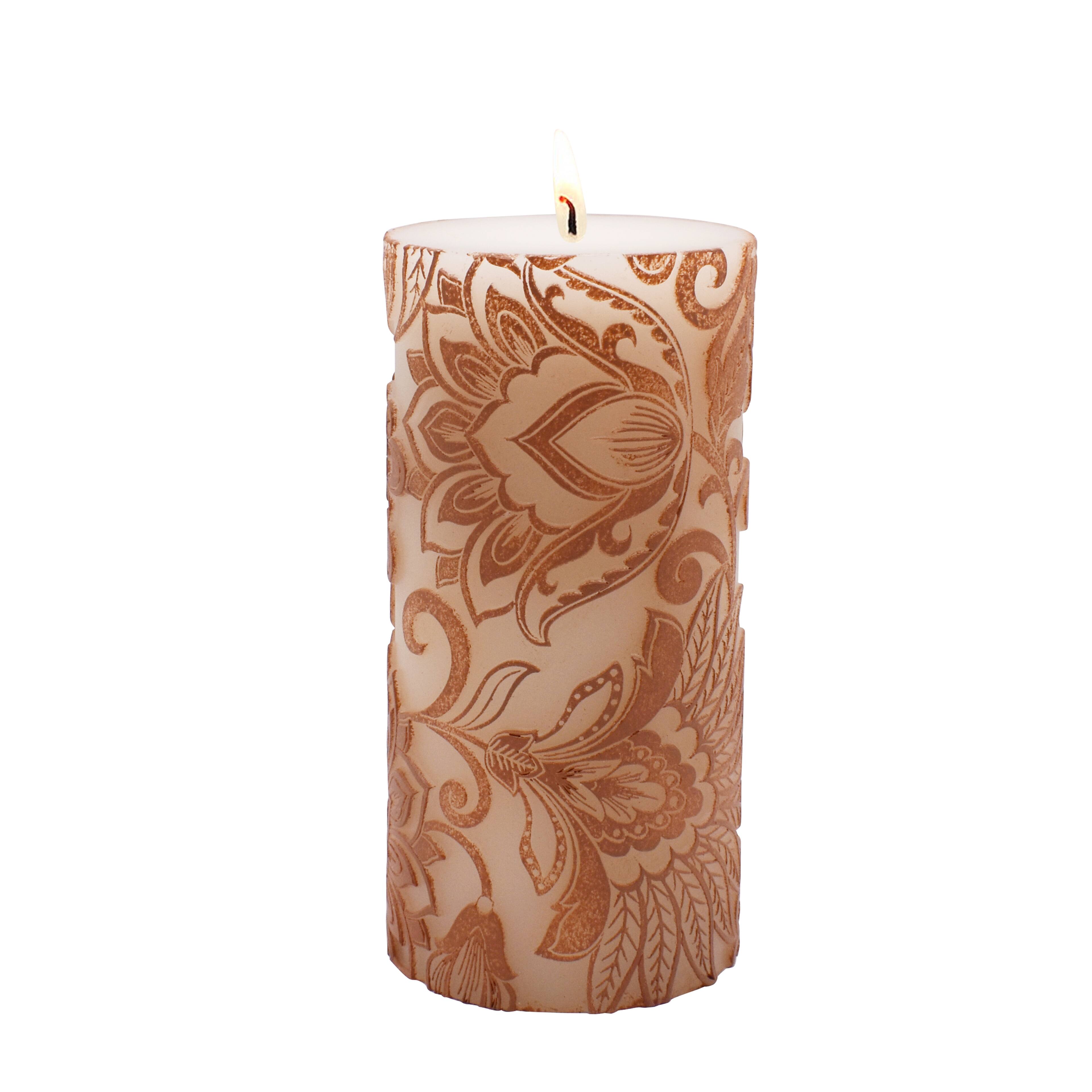 Brown & White Floral Embossed Pillar Candle by Ashland®