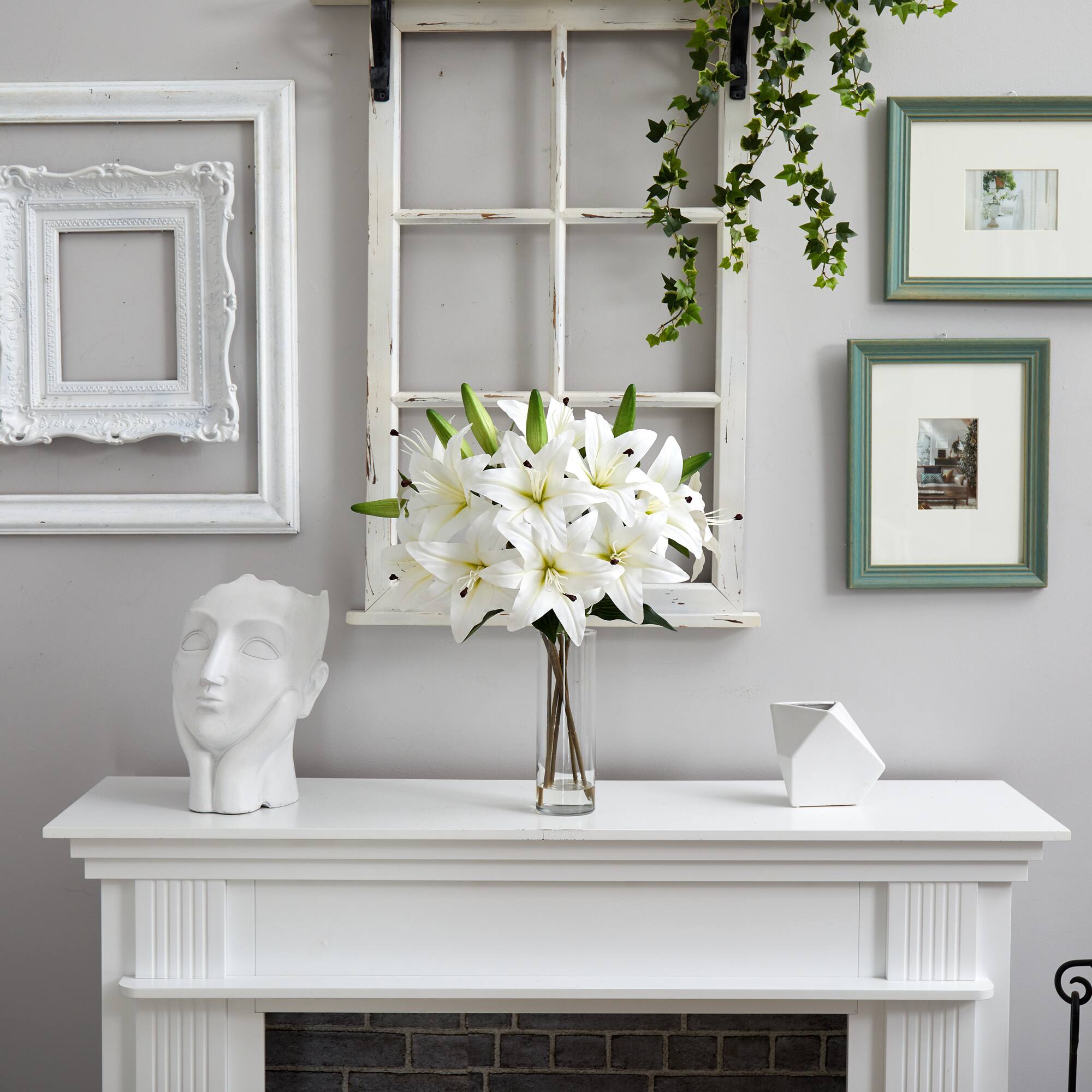 25" Artificial White Lily Arrangement with Cylinder Glass Vase