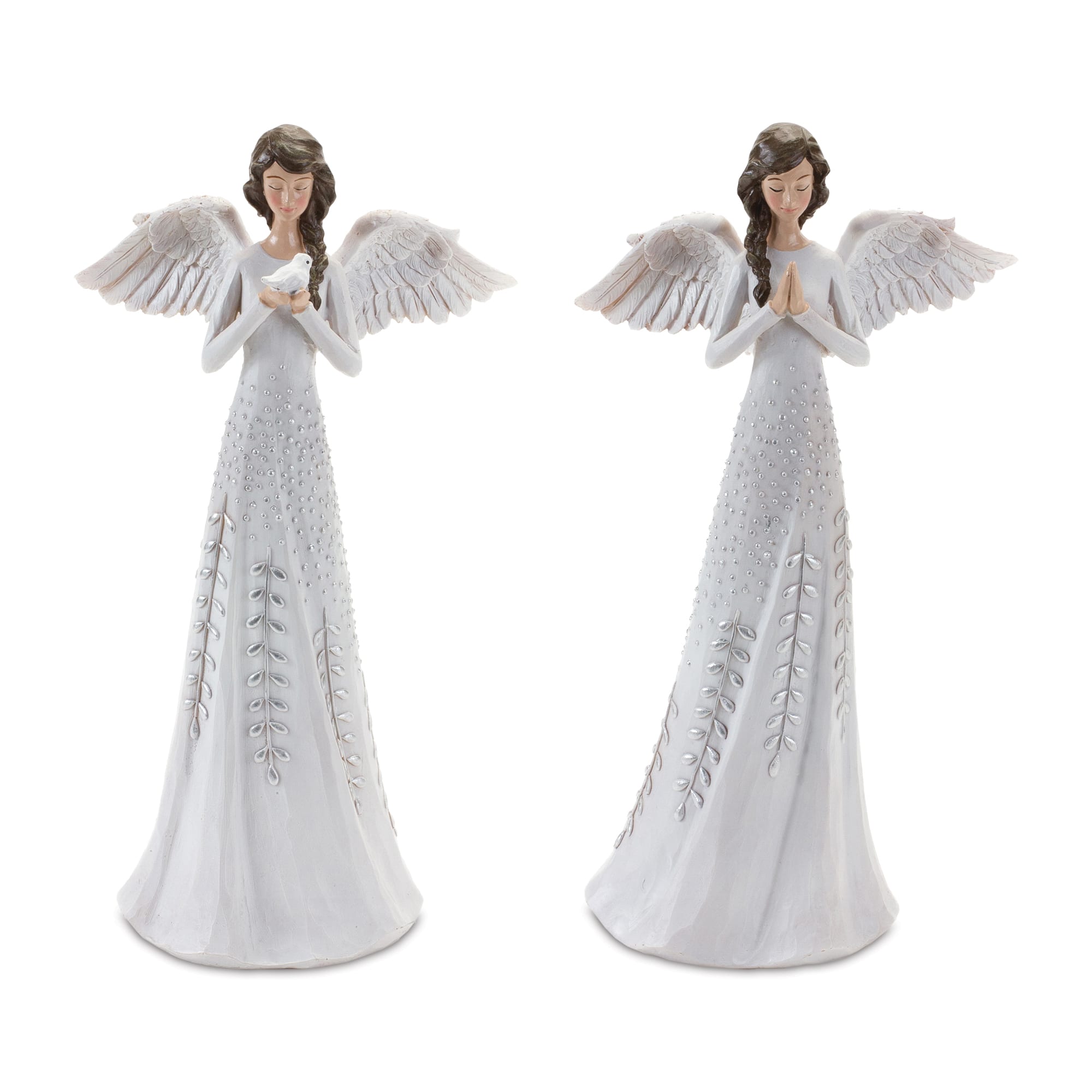 12&#x22; Angel Figurines with Silver Floral Accent Set