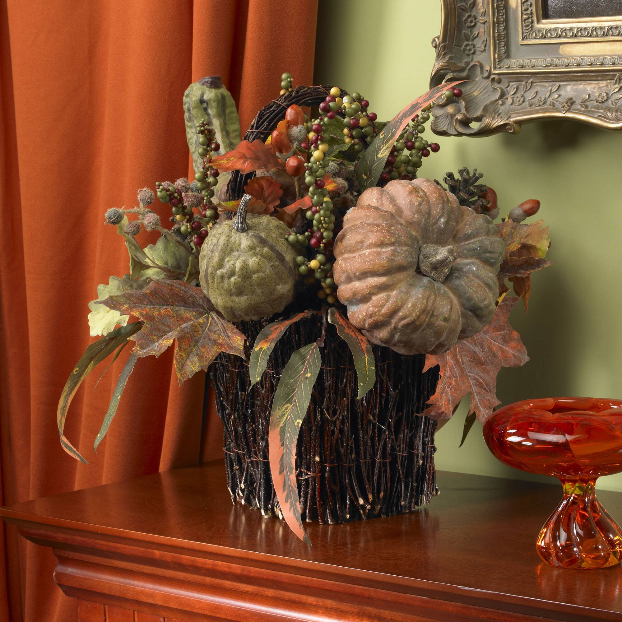 15&#x22; Green Fall Pumpkin &#x26; Berry Table Arrangement in Twig Base