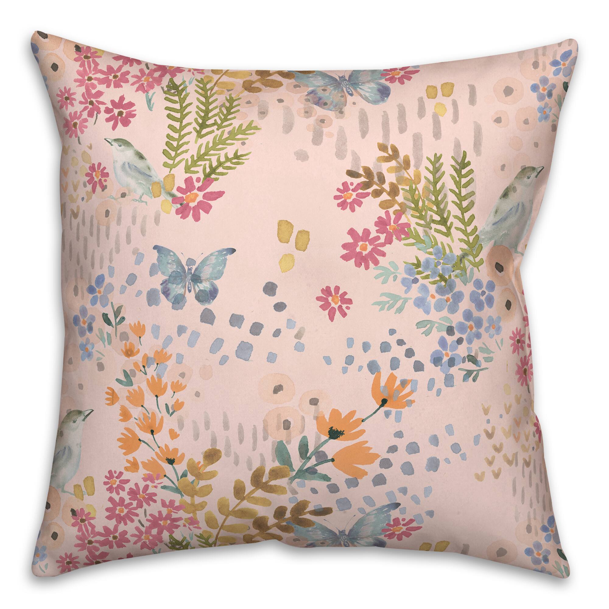 Butterfly Bird Floral Square Throw Pillow