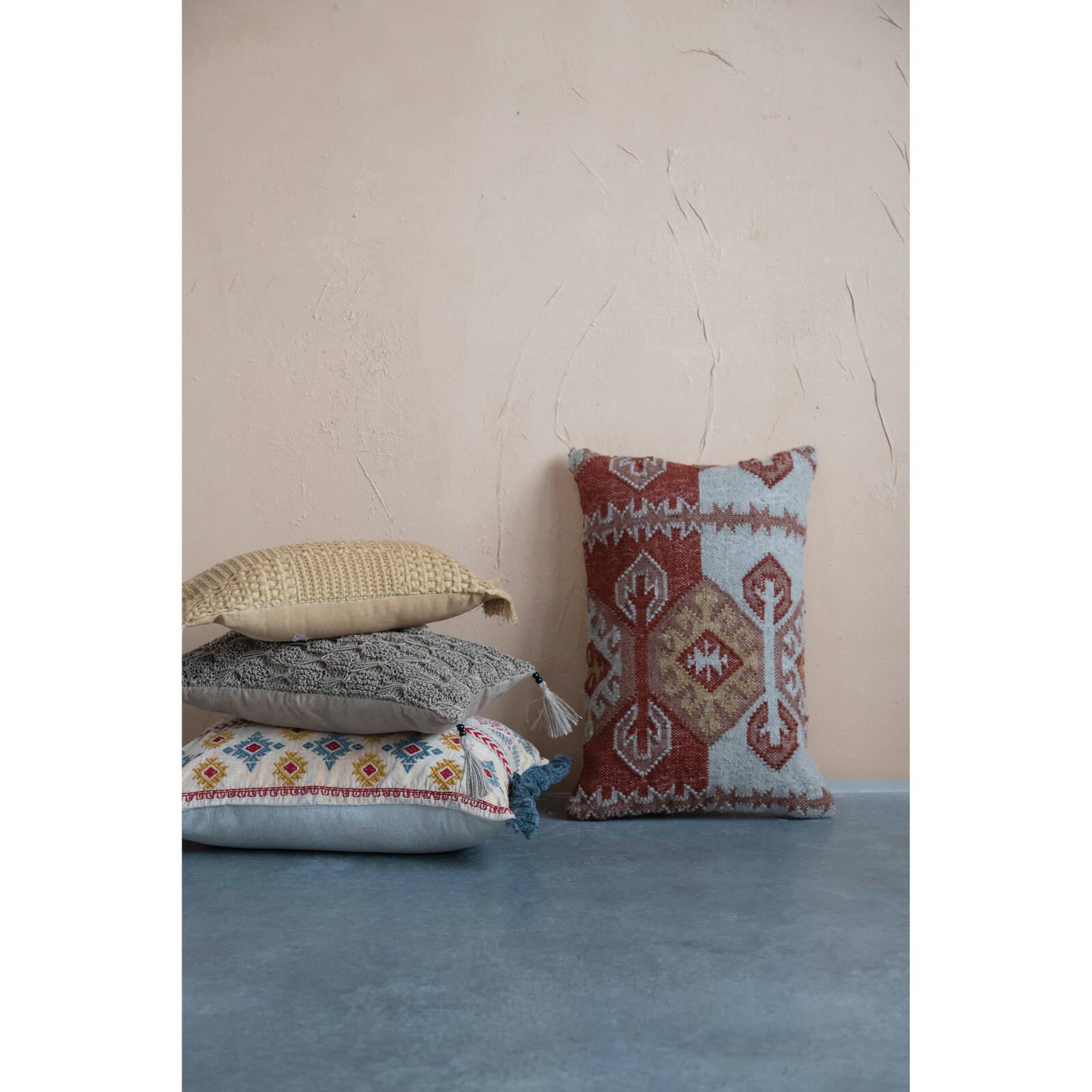 Cotton Velvet Embroidered Lumbar Pillow With Chambray Back & Fringe