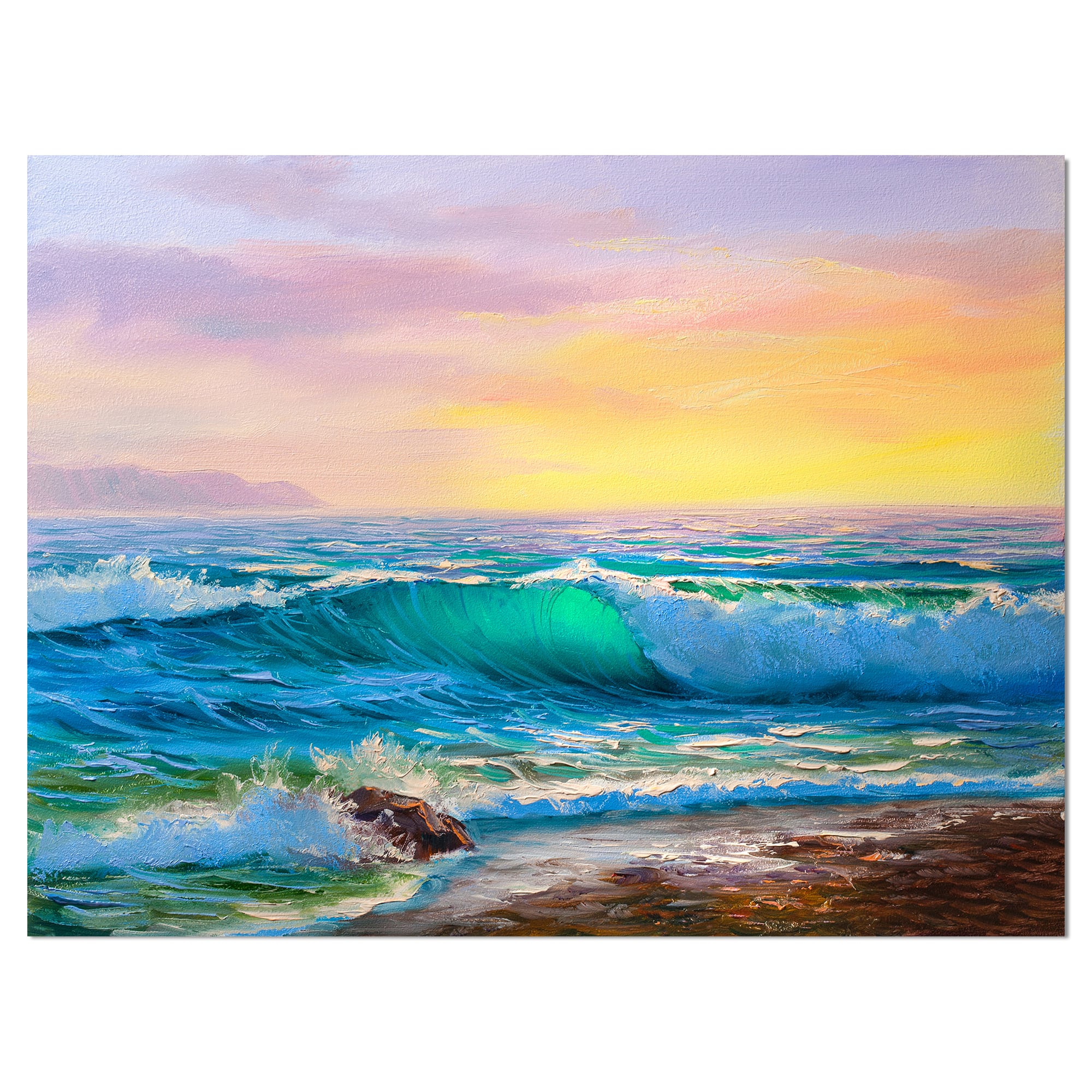 Designart - Sunsets over ocean waves - Sea &#x26; Shore Painting Print on Wrapped Canvas