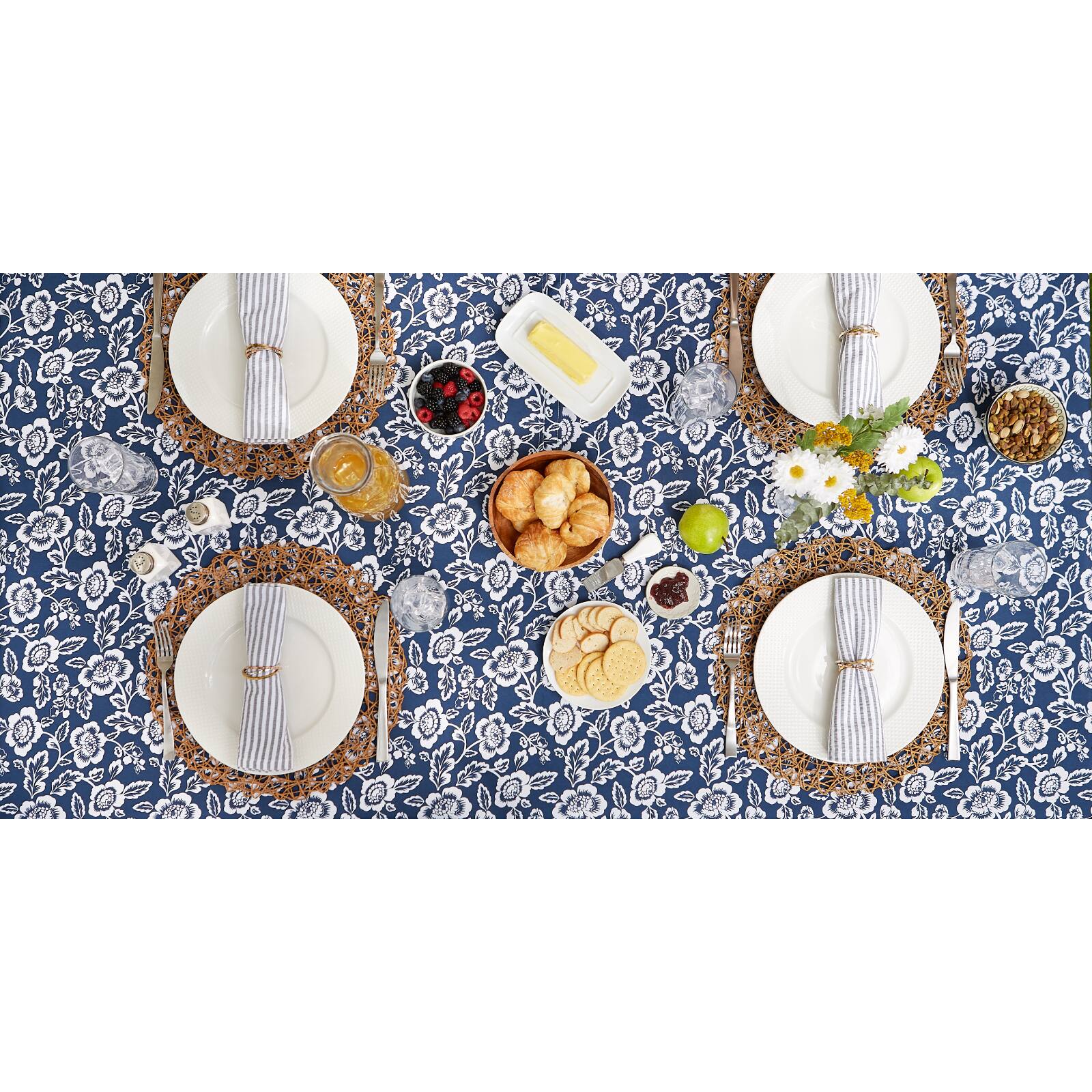 Nautical Blue Floral Print Outdoor Tablecloth, 60" Round