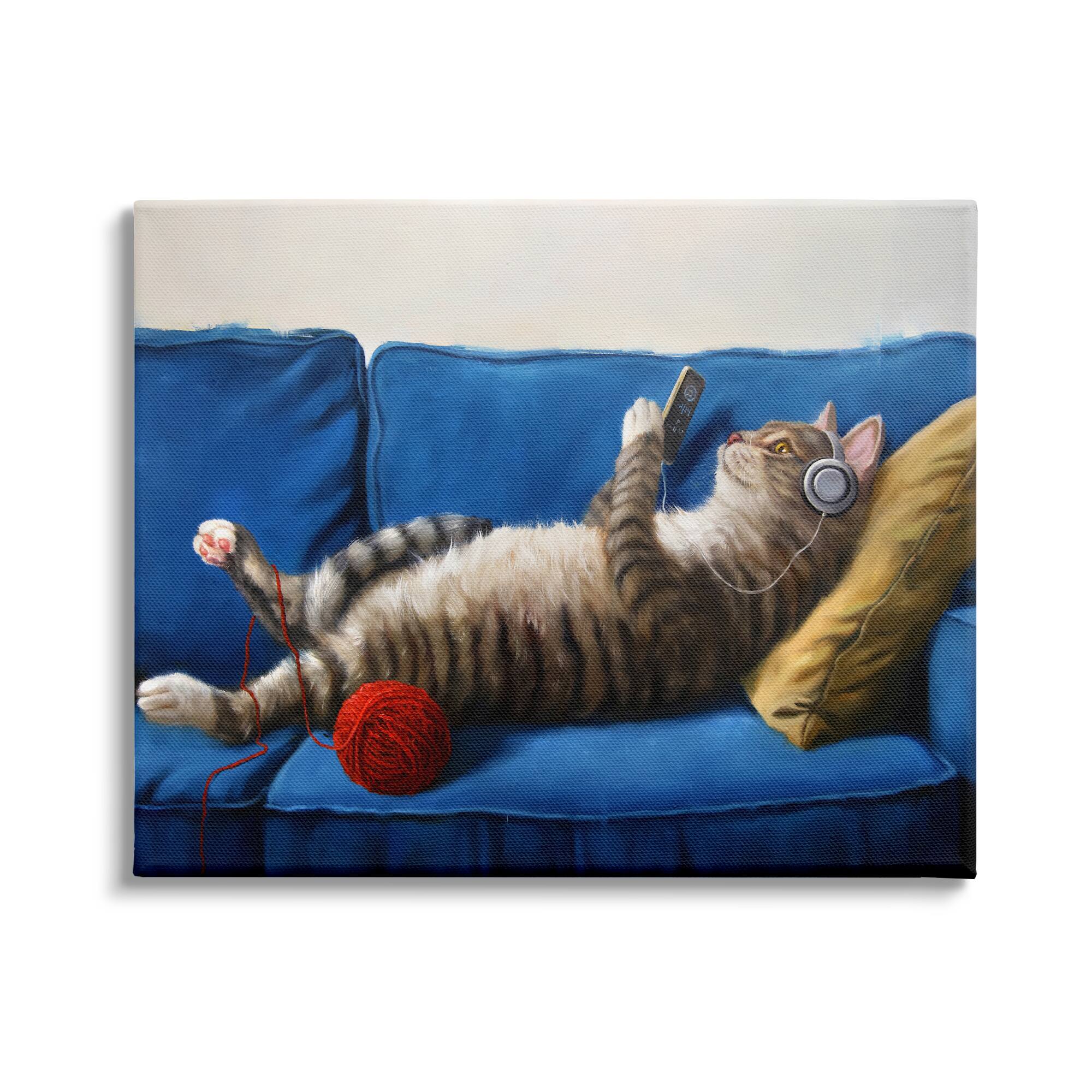 Stupell Industries Cat Couch Relaxing Red Yarn Ball Pet Portrait Canvas Wall Art