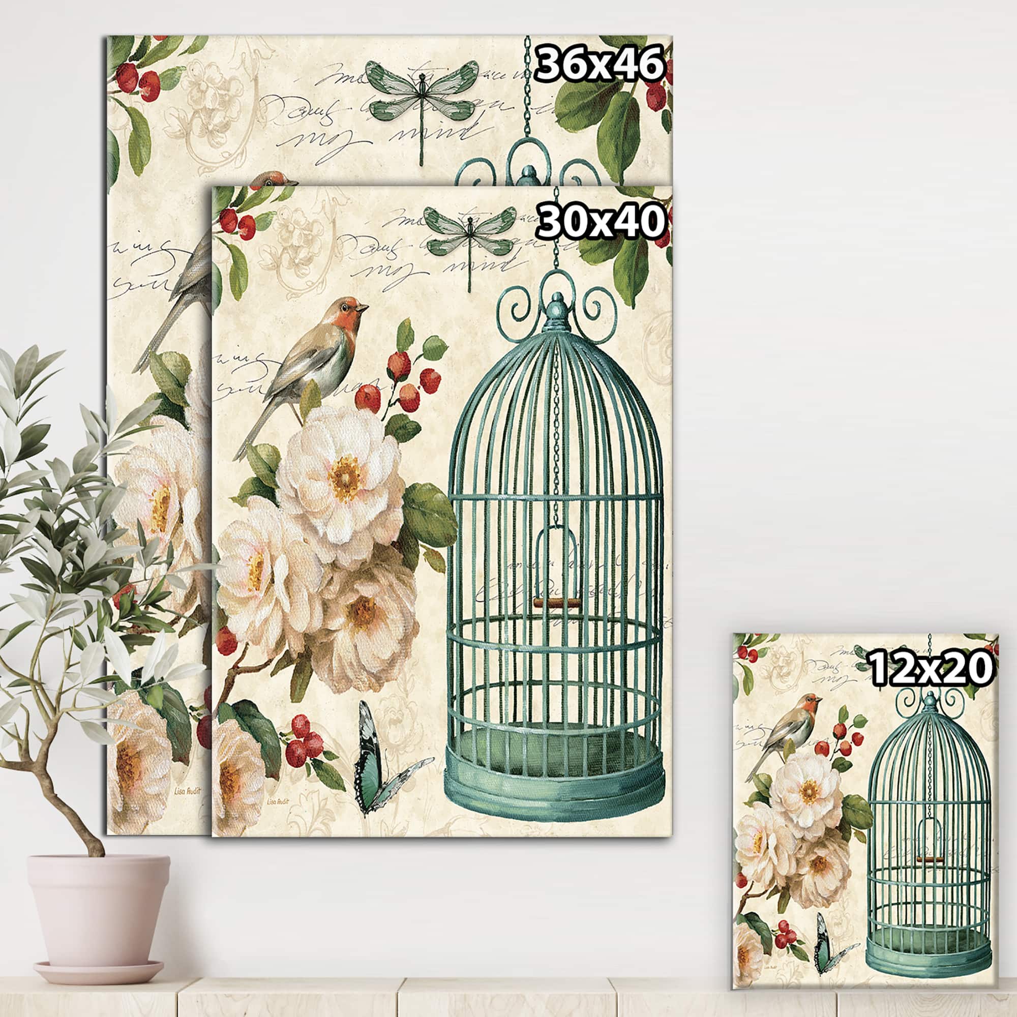 Designart - Blue Cottage Bird, Birdcage and Apple Blossoms II - Floral and botanical Premium Canvas Wall Art