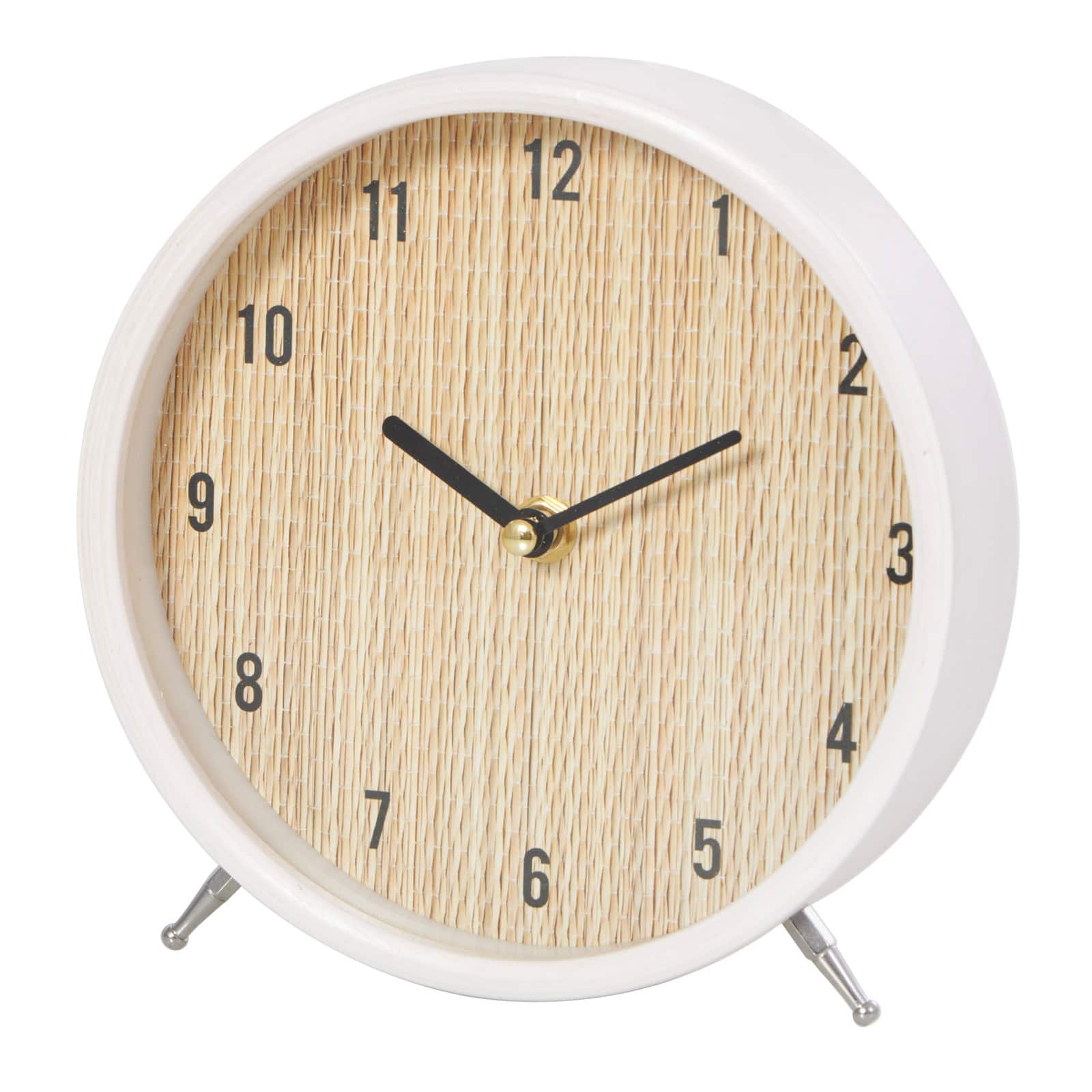 7&#x22; Light Brown Wood Woven Clock with White Frame &#x26; Silver Legs