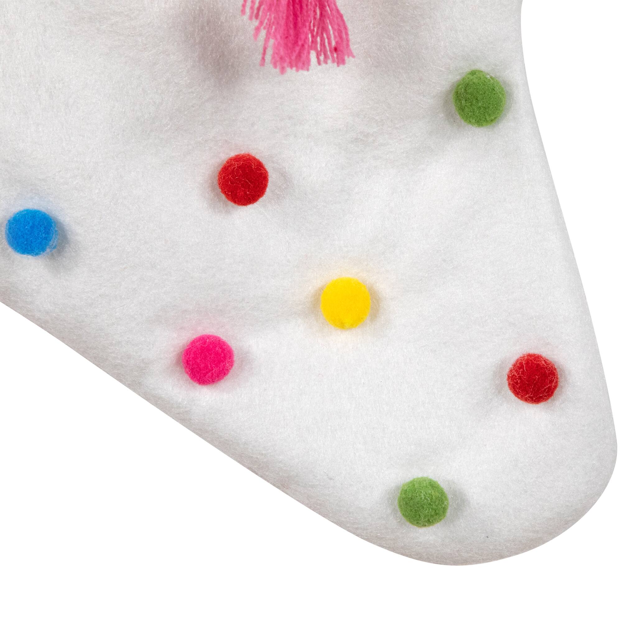 20&#x22; White Christmas Stocking with Multicolor Pom-Poms and Tassels