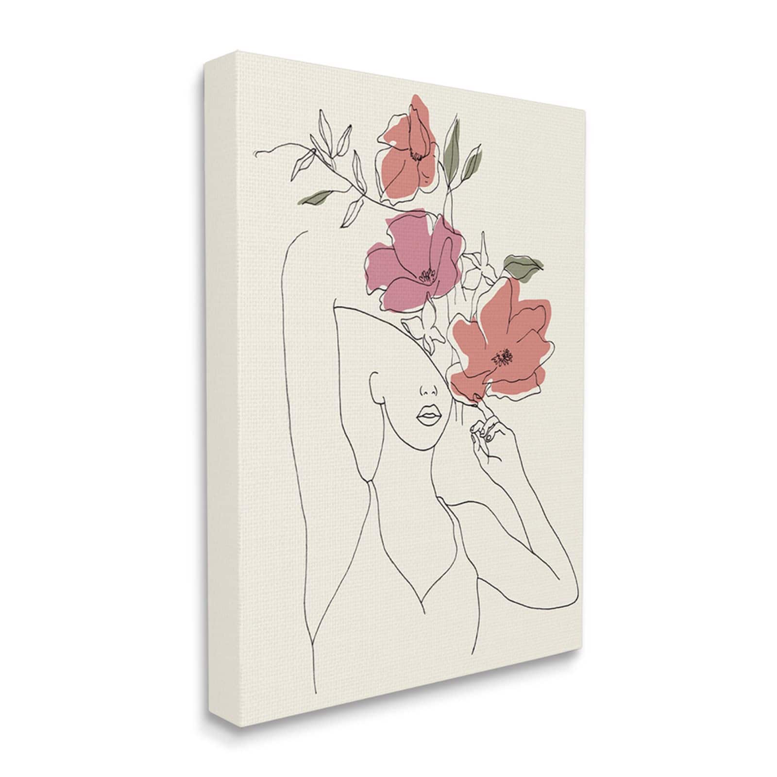 Stupell Industries Female &#x26; Blooming Floral Portrait Sketch Canvas Wall Art