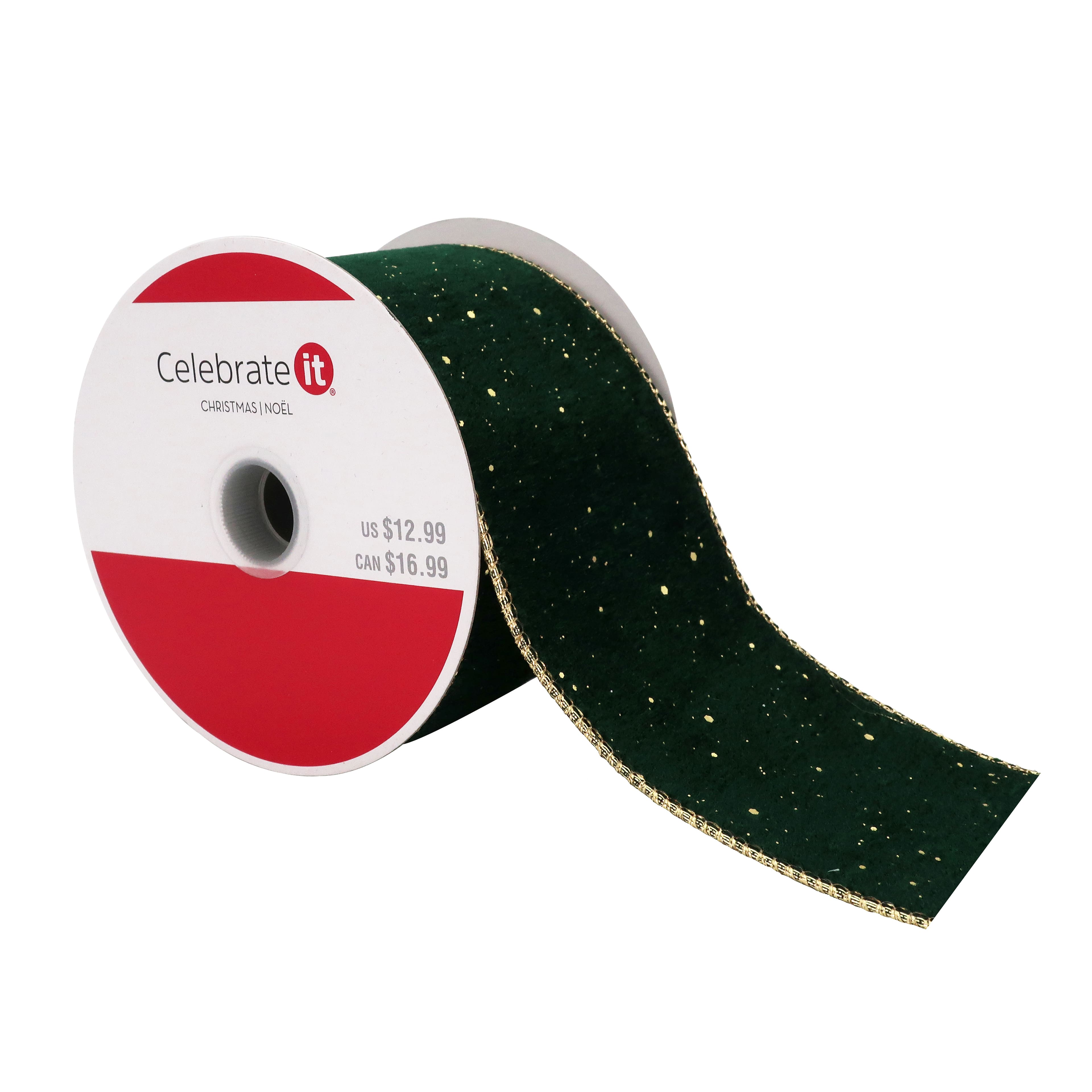 2.5&#x22; x 15ft. Green &#x26; Gold Flecked Wired Velvet Ribbon by Celebrate It&#xAE; Christmas