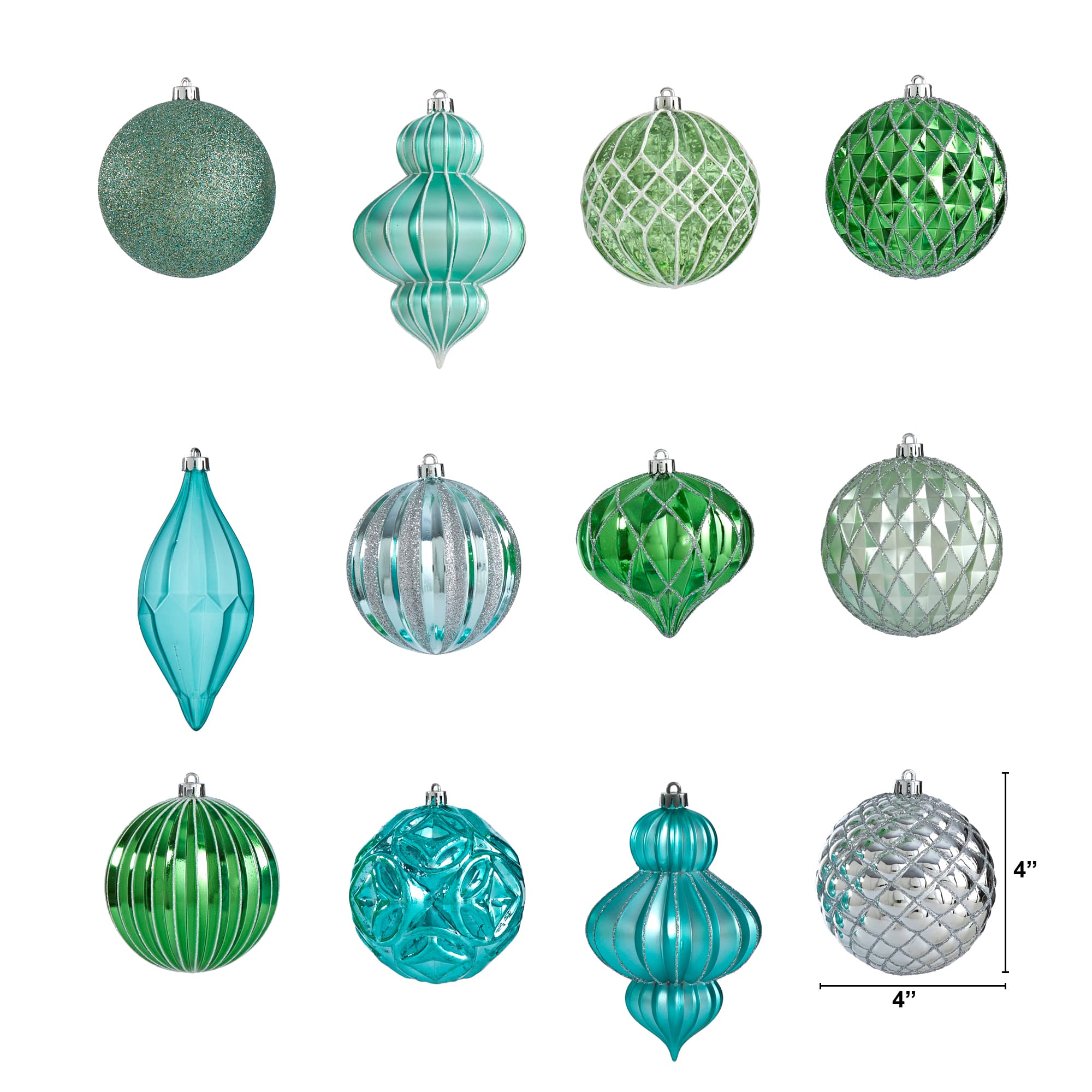 12ct. 4&#x22; Green &#x26; Silver Shatterproof Luxe Ornament Set
