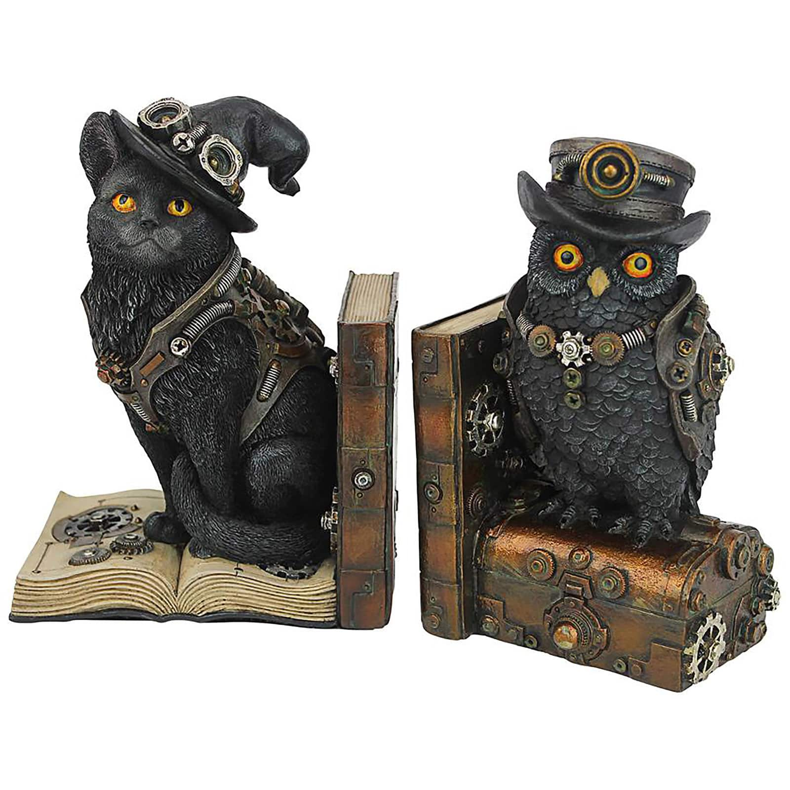 Design Toscano Knowledge Seekers Steampunk Cat and Owl Sculptural Bookends