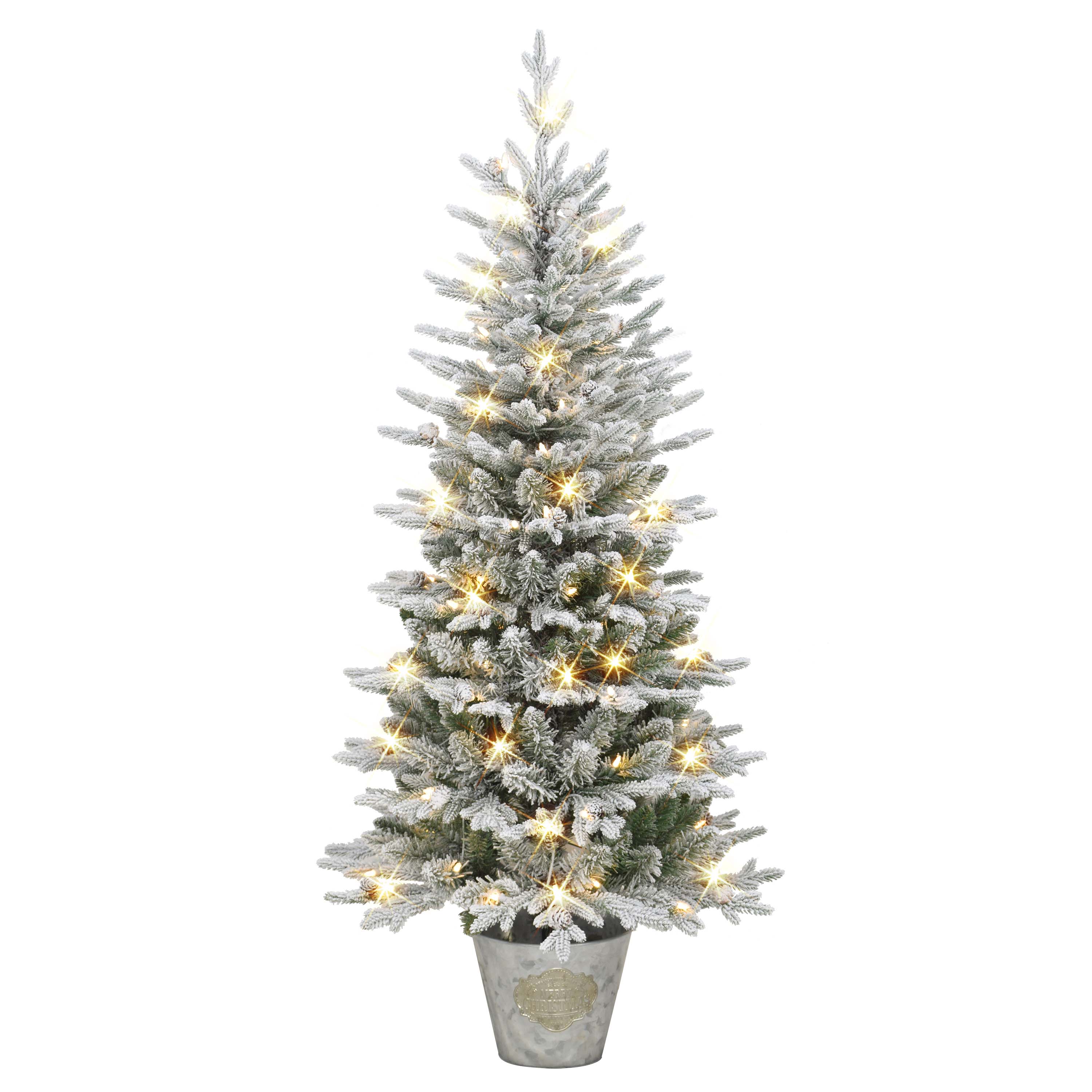 6ft. Pre-Lit Flocked Artificial Christmas Tree in Metal Planter, Clear Lights