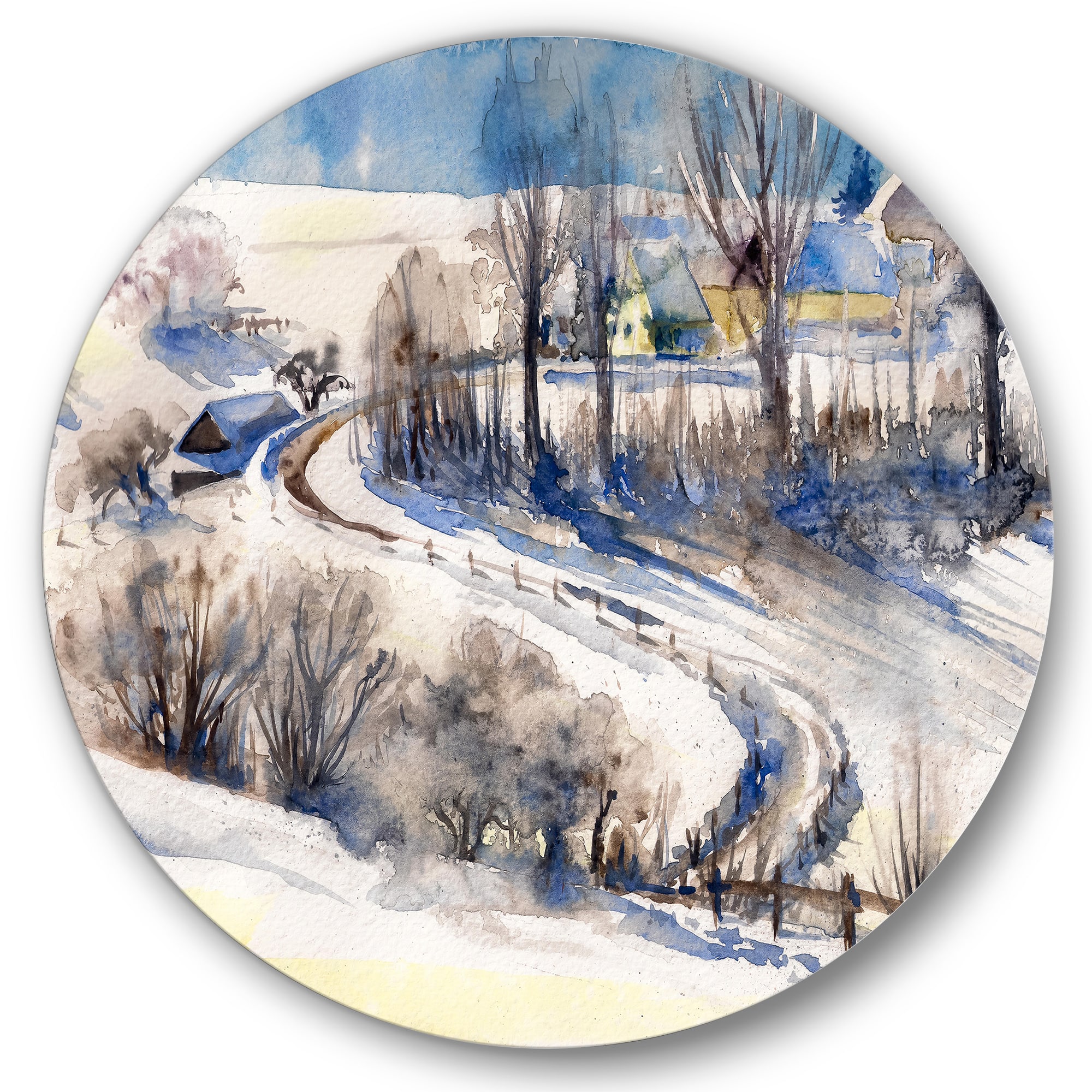 Designart - Country Road In Winter Times I - Traditional Metal Circle Wall Art