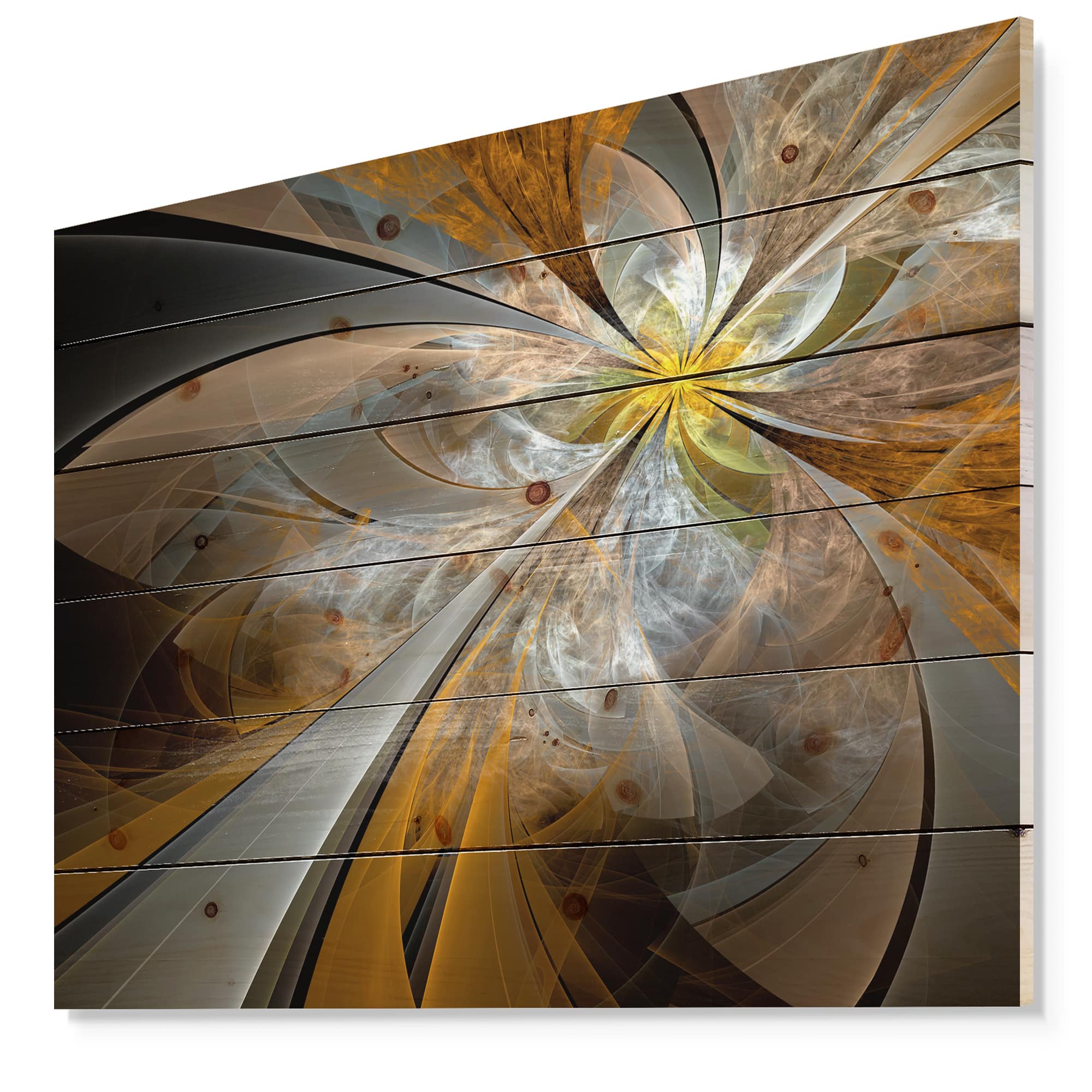 Designart - Symmetrical Yellow Fractal Flower - Abstract Print on Natural Pine Wood