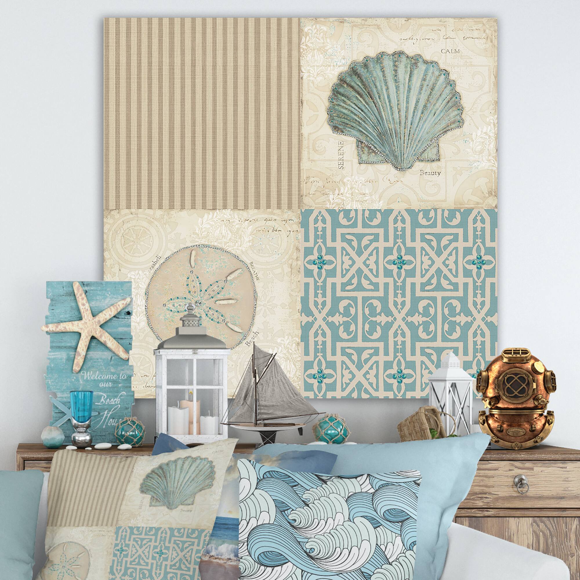 Designart - Beach Treasures Collage I - Traditional Bathroom Canvas Artwork