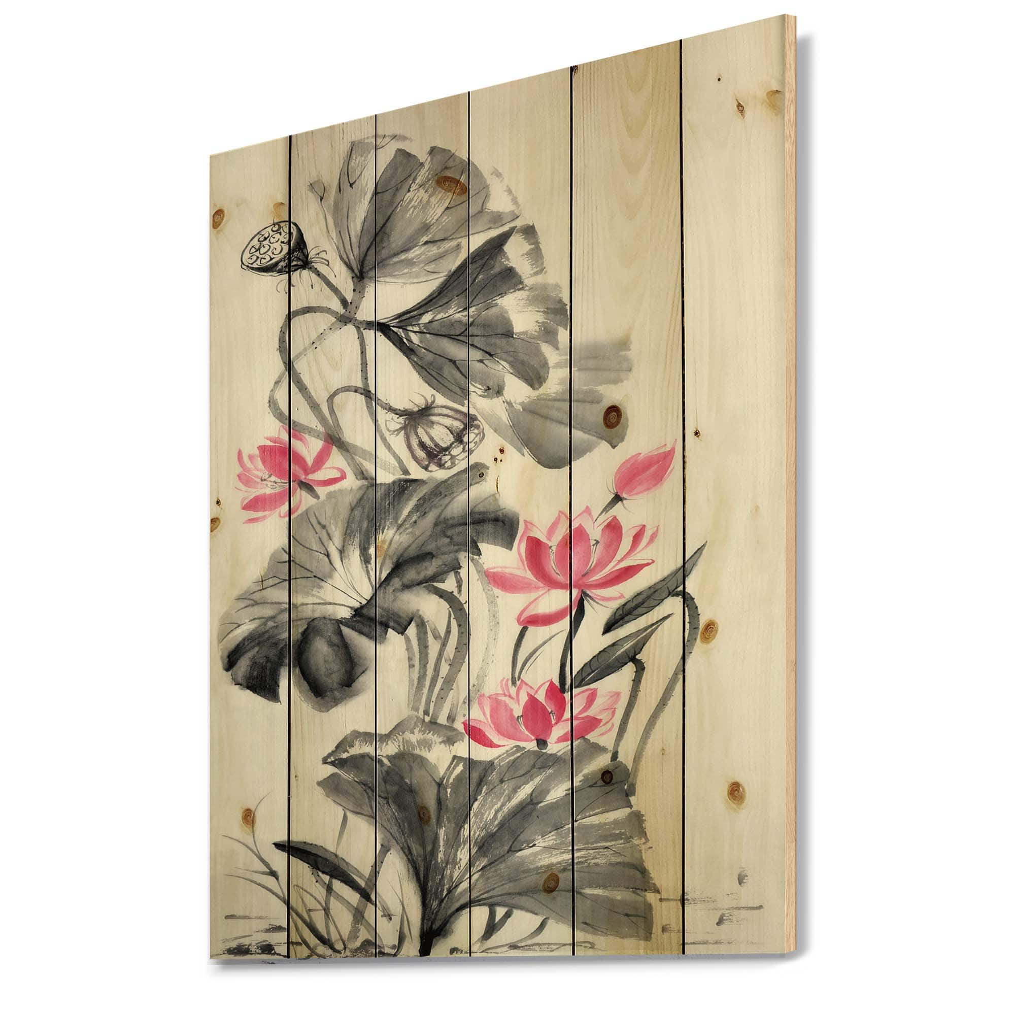 Designart - Pink Vintage Lotus Flower - Traditional Print on Natural Pine Wood