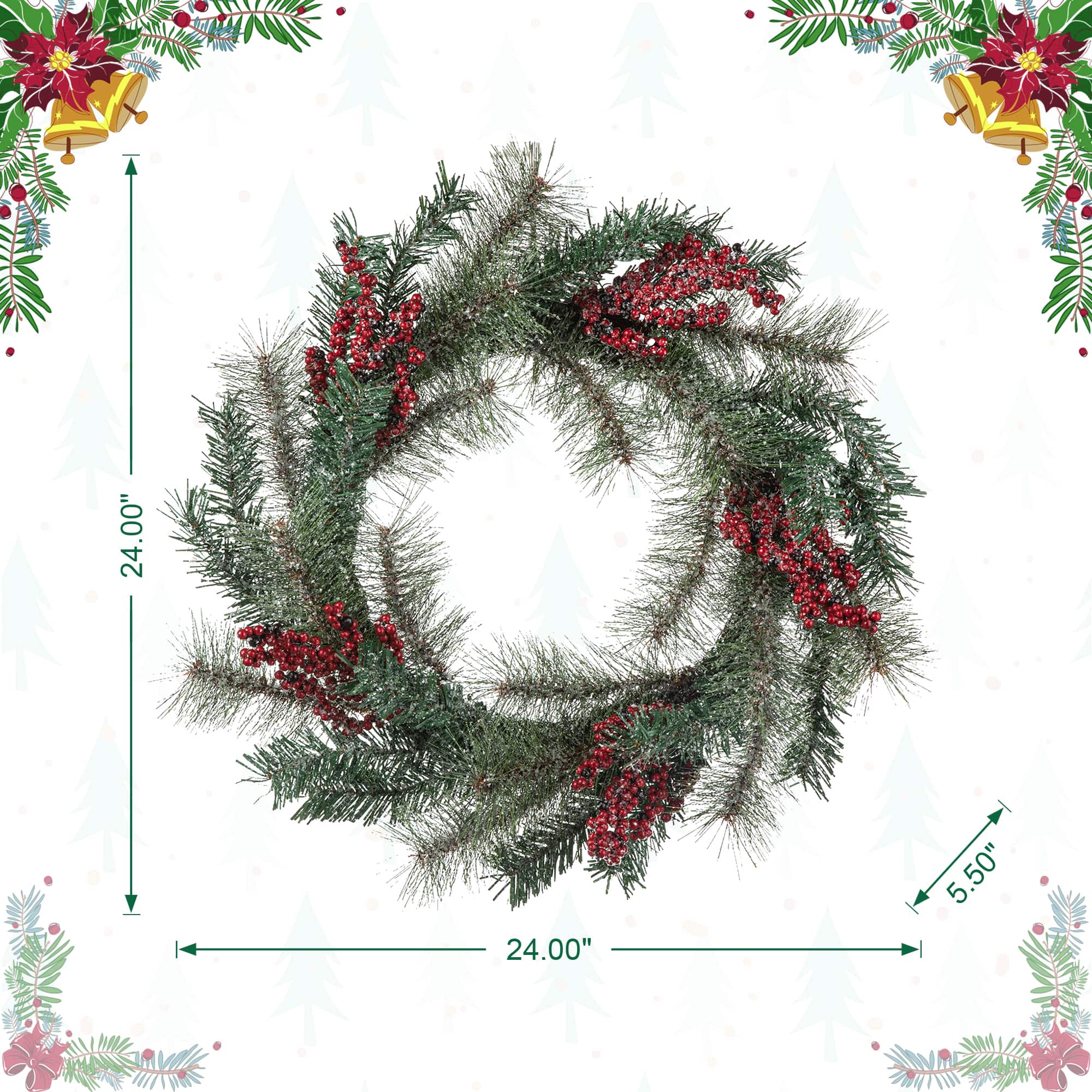 Glitzhome® 24" Christmas Sugared Pine Needle & Berry Wreath