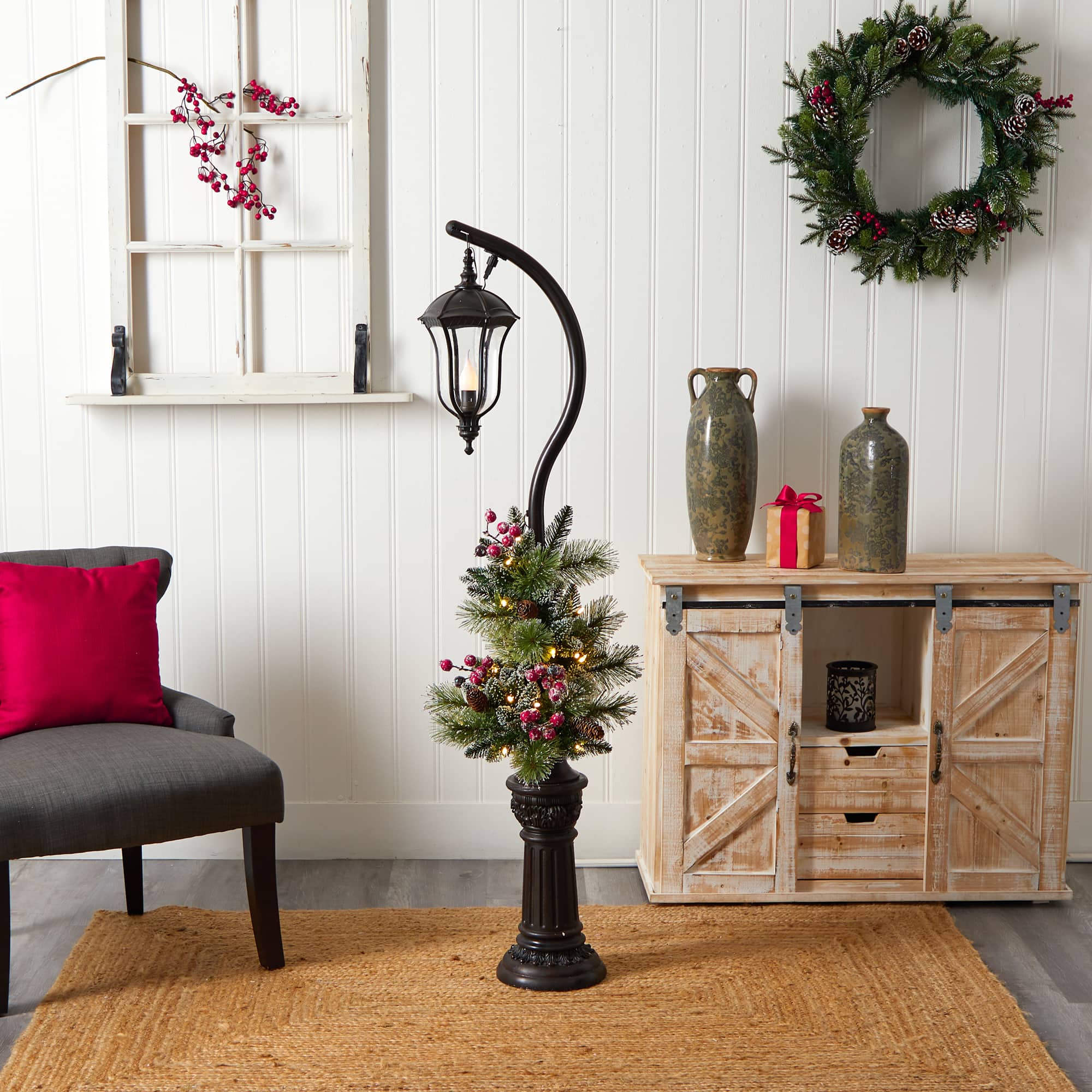 5ft. Pre-Lit LED Holiday Decorated Lamp Post With Greenery & Berries