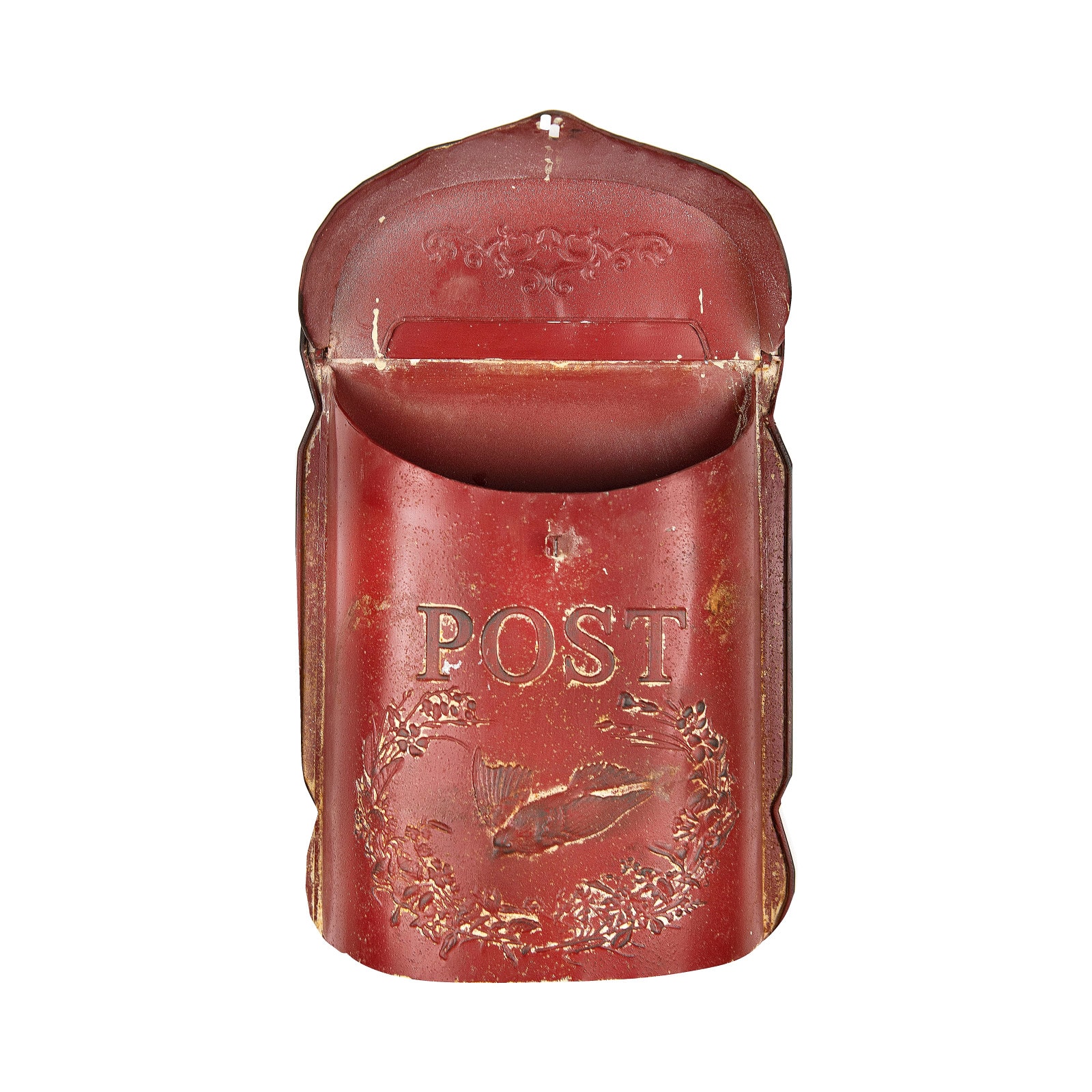Red Embossed Tin Post Letter Box with Distressed Finish Wall D&#xE9;cor