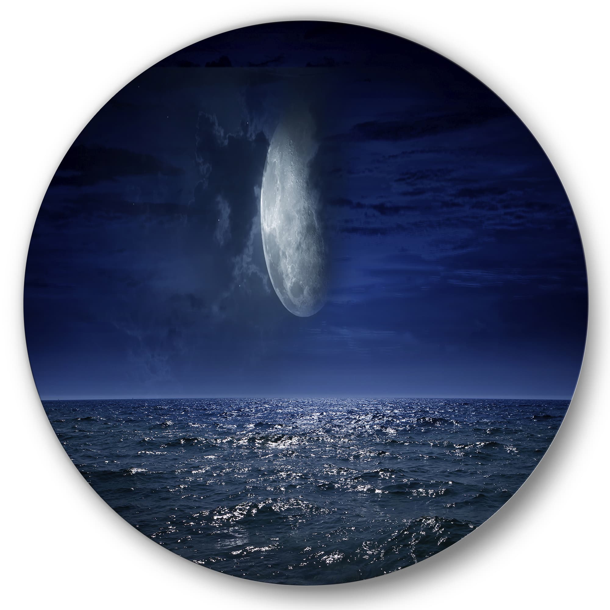 Designart - Full Moon Over Dark Ocean At Night - Nautical & Coastal Metal Circle Wall Art