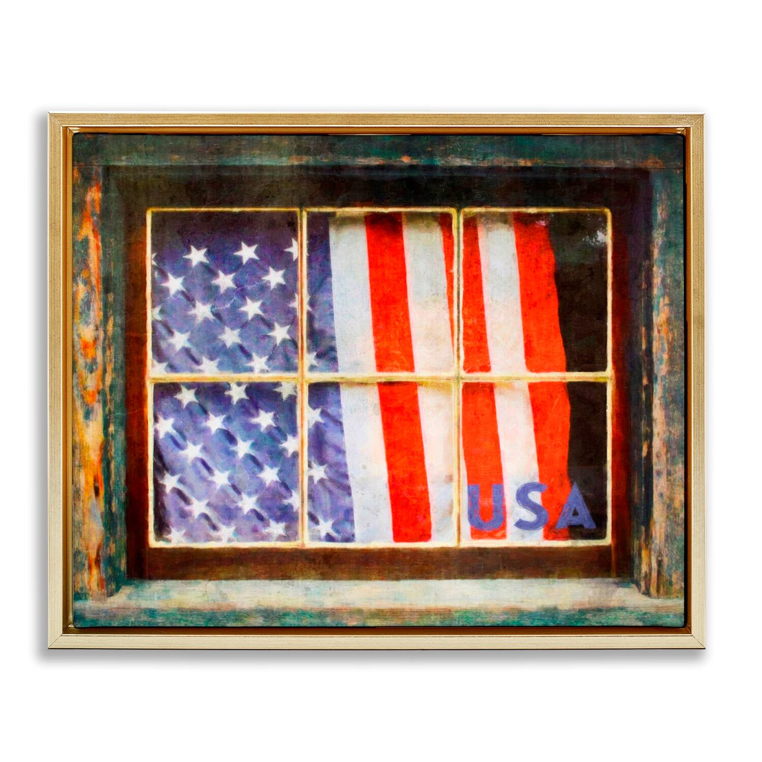 Stupell Industries Patriotic American Flag Rustic Window Festive Home Floater Framed Art