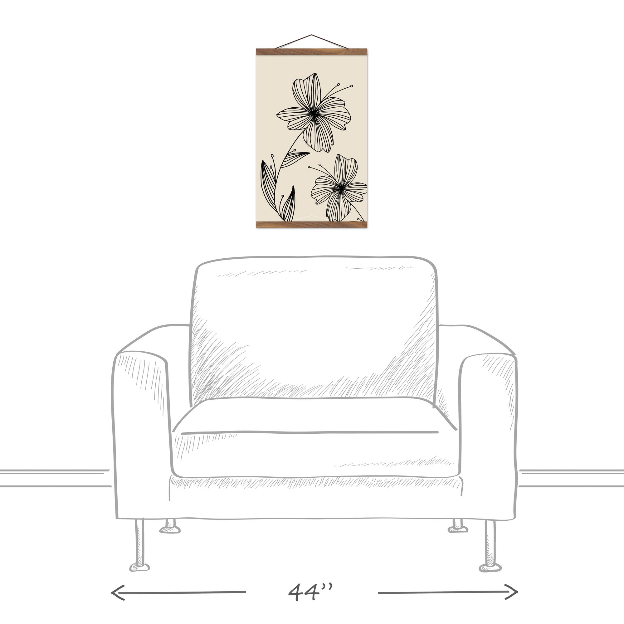 Line Flowers Teak Hanging Canvas