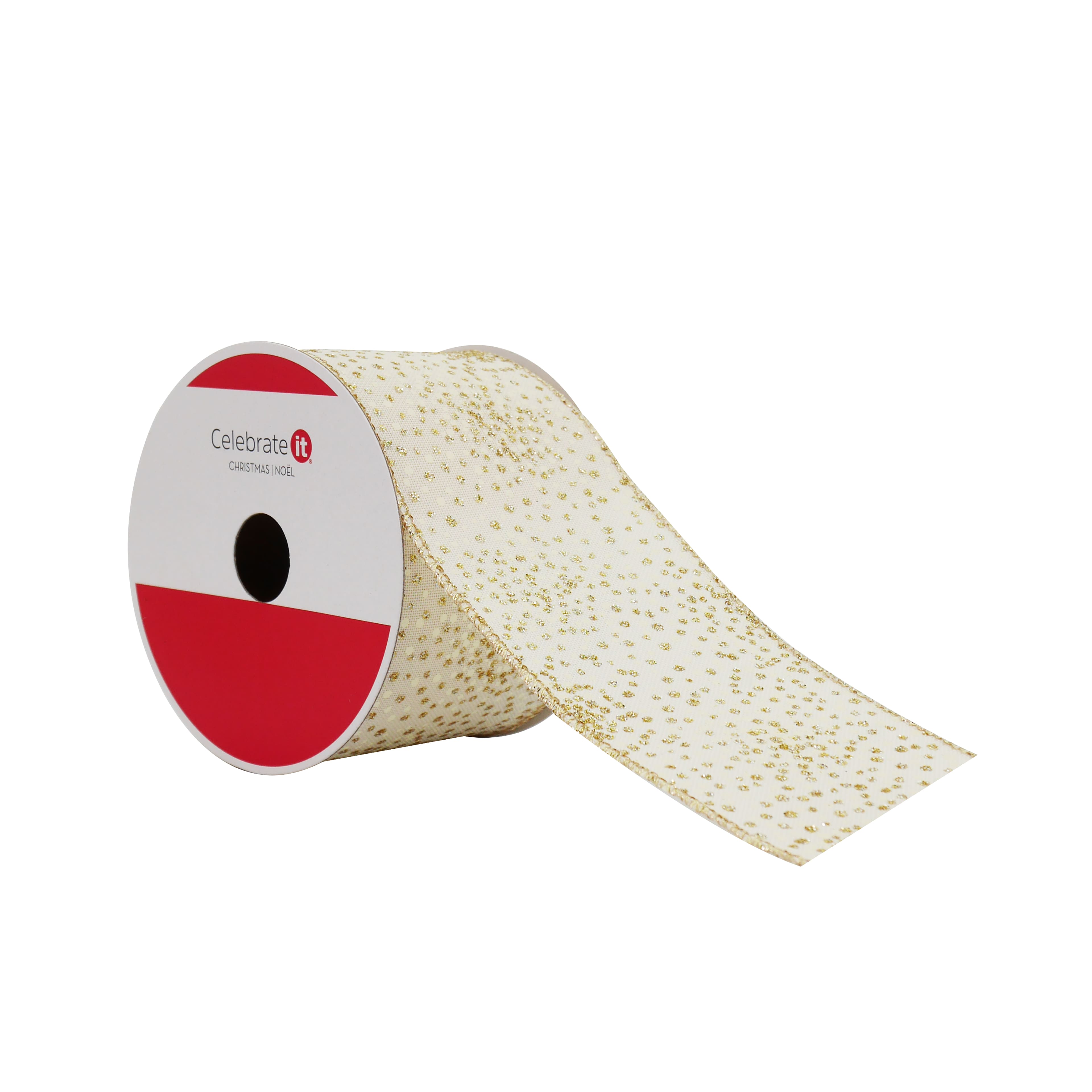 2.5&#x22; x 20ft. Cream &#x26; Gold Dots Wired Faux Linen Ribbon by Celebrate It&#xAE;