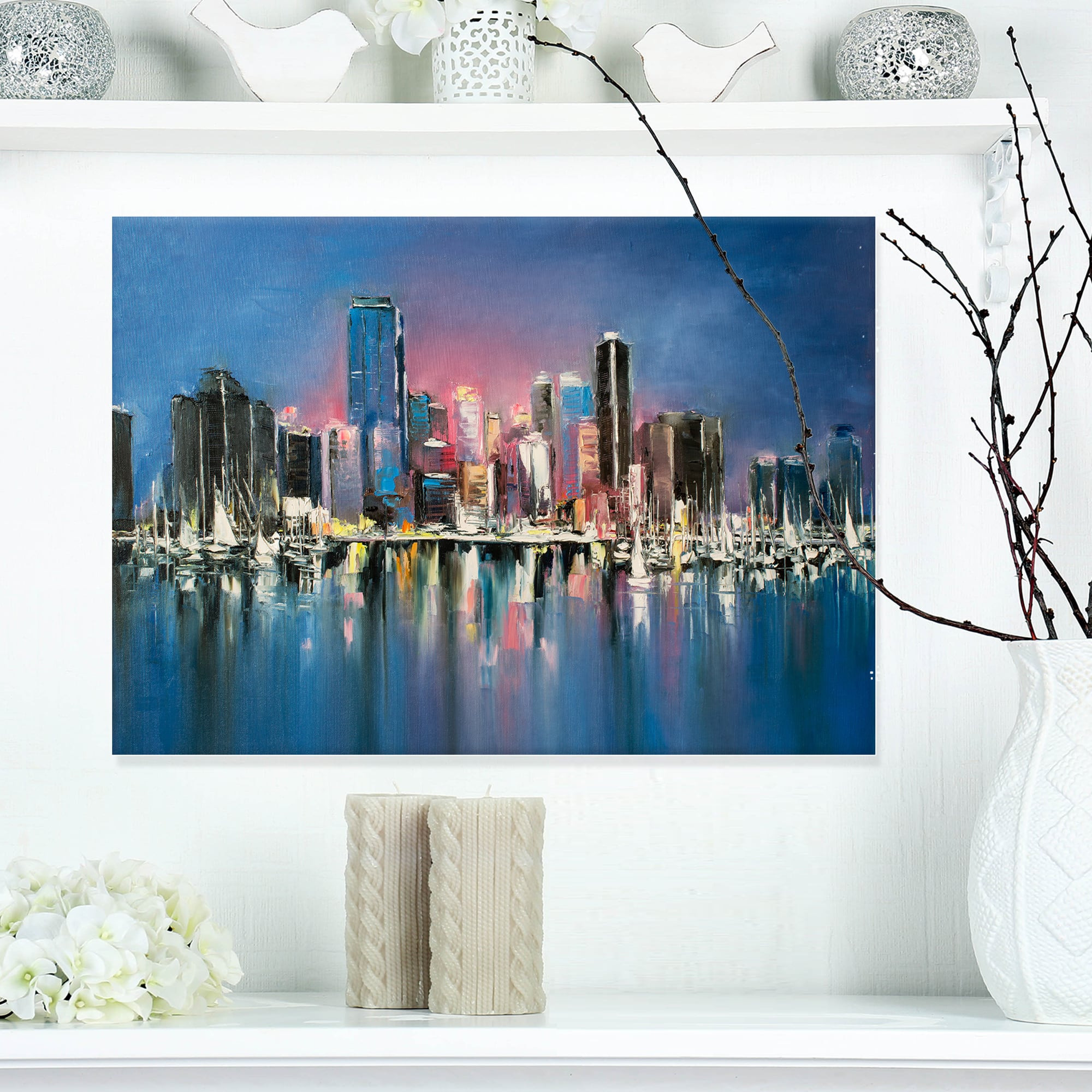 Designart - Coastal City Fantasy Night Scene in Oil Painting - Cityscapes Painting Print on Wrapped Canvas