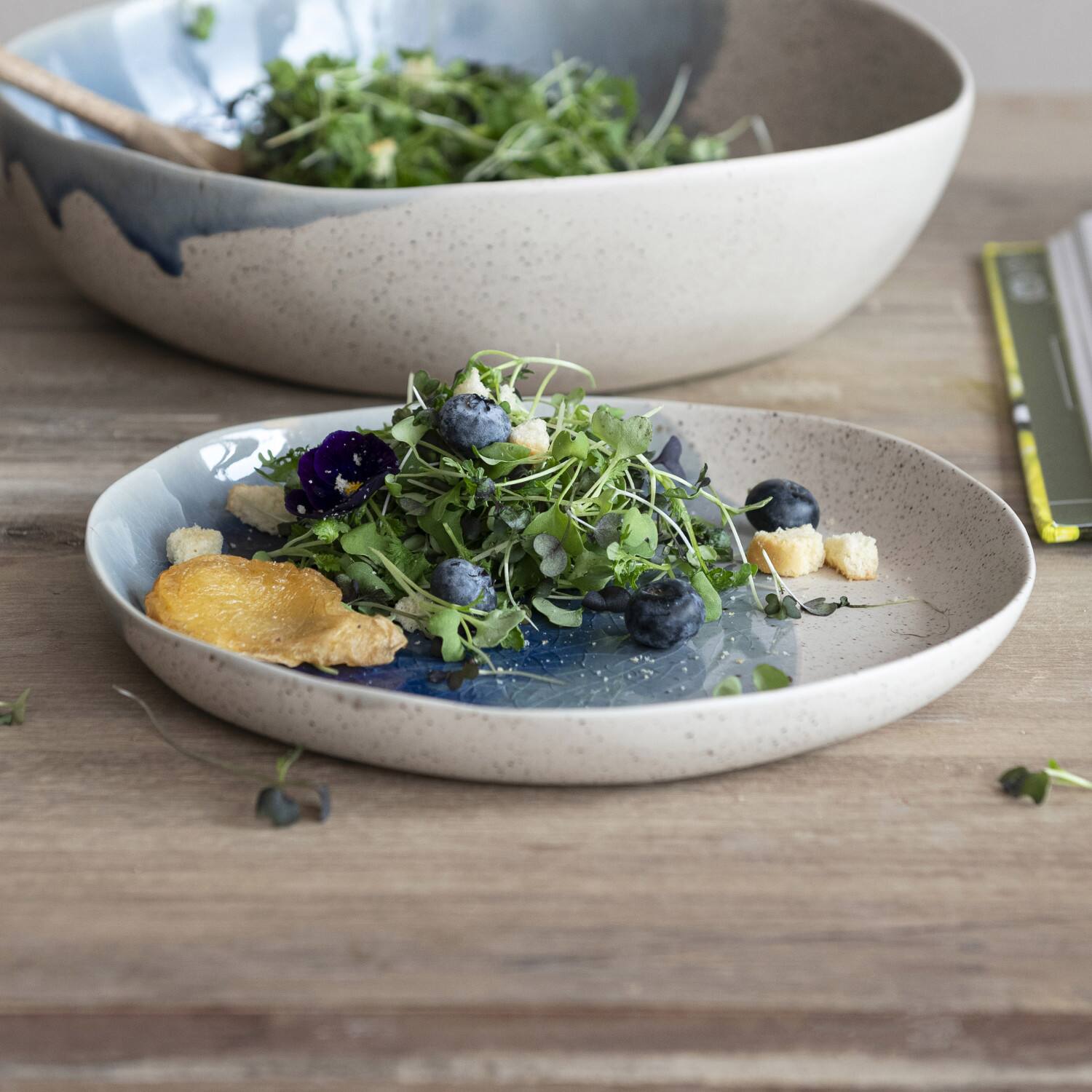 8.5&#x22; Blue &#x26; Cream Crackle Glaze Stoneware Plate, 2ct.