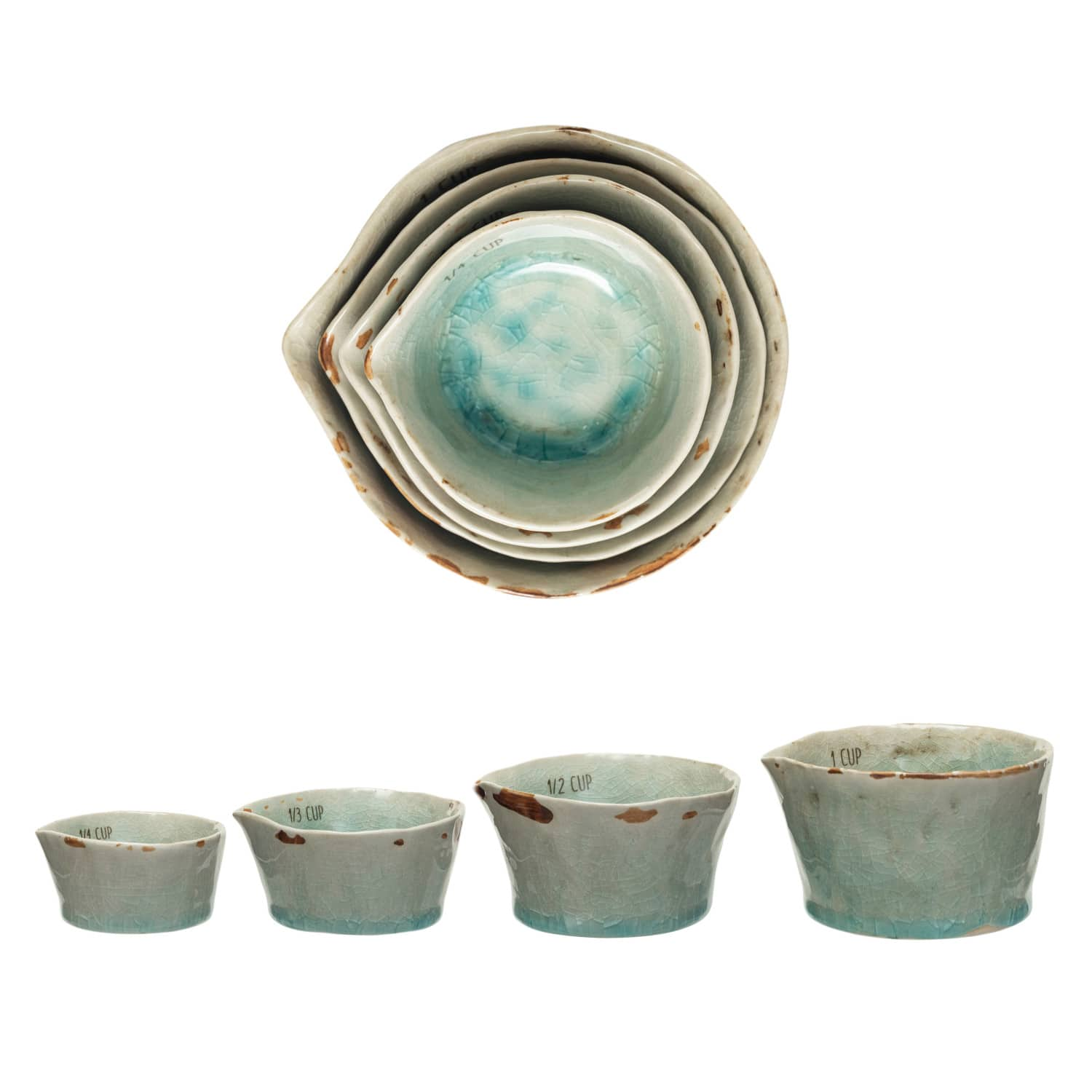 Green Stoneware Measuring Cups with Reactive Crackle Glaze, 4ct.