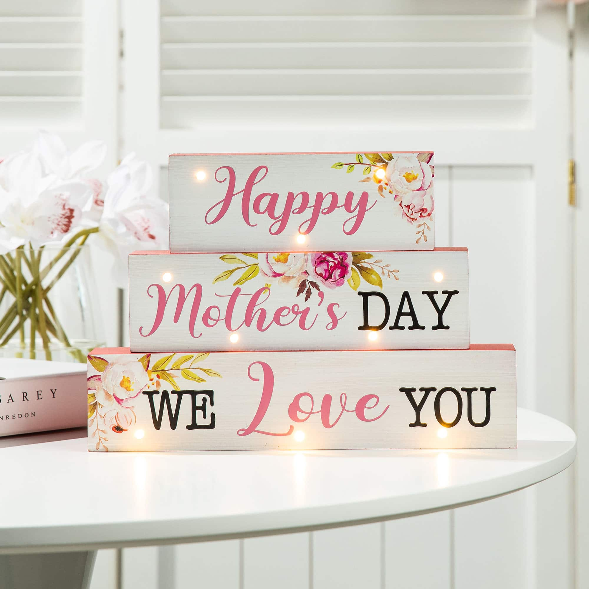 Glitzhome&#xAE; 12&#x22; Lighted Wood Happy Mother&#x27;s Day Block Sign