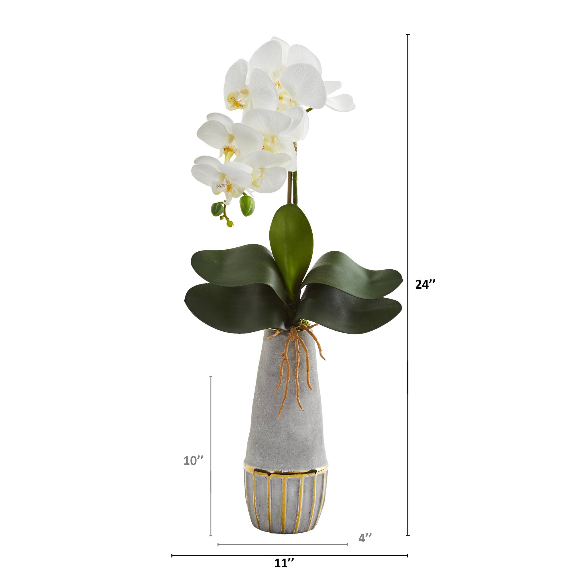 24&#x22; Phalaenopsis Orchid Artificial Arrangement in Stoneware Vase with Gold Trimming