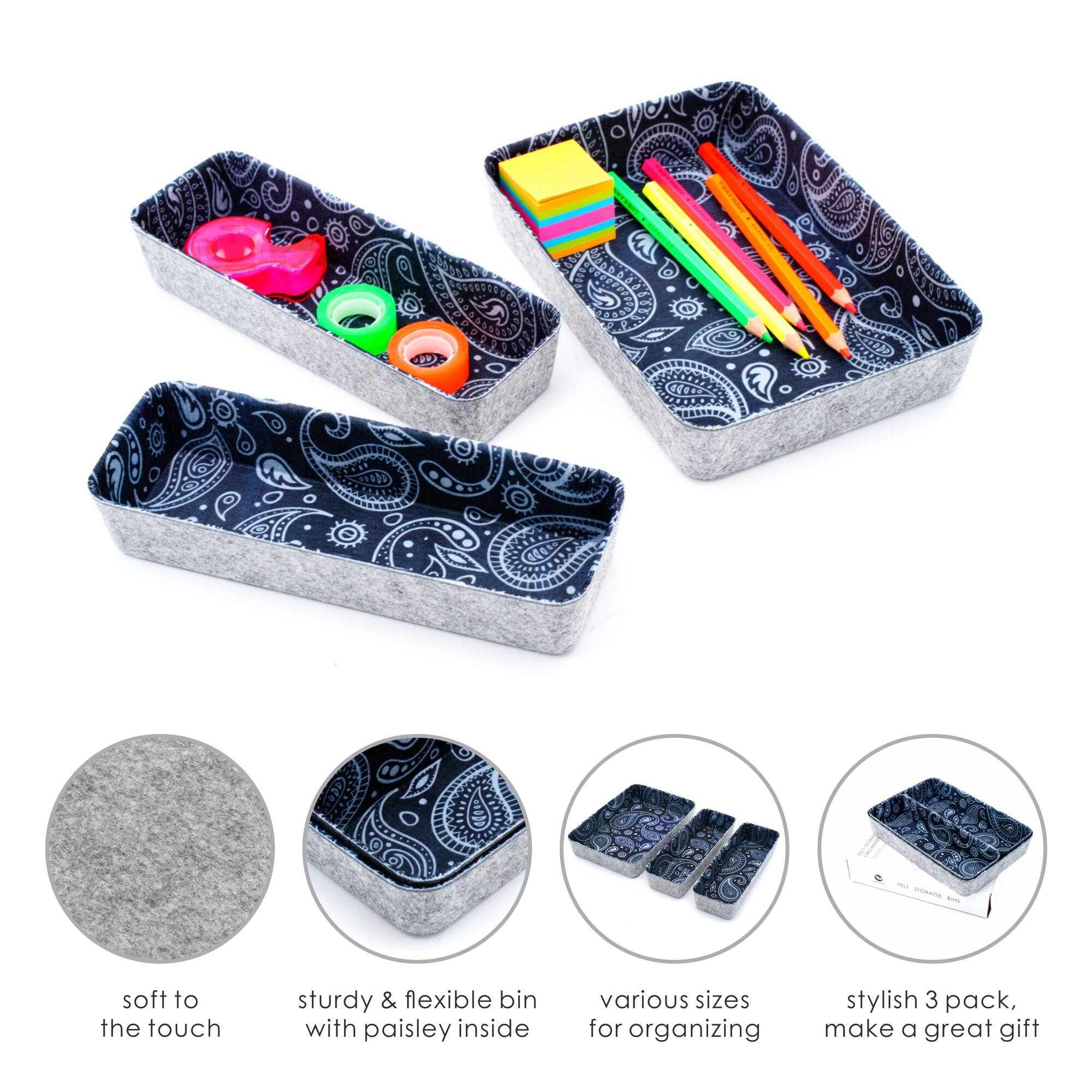Welaxy Felt 3 Piece Paisley Drawer Organizer Set