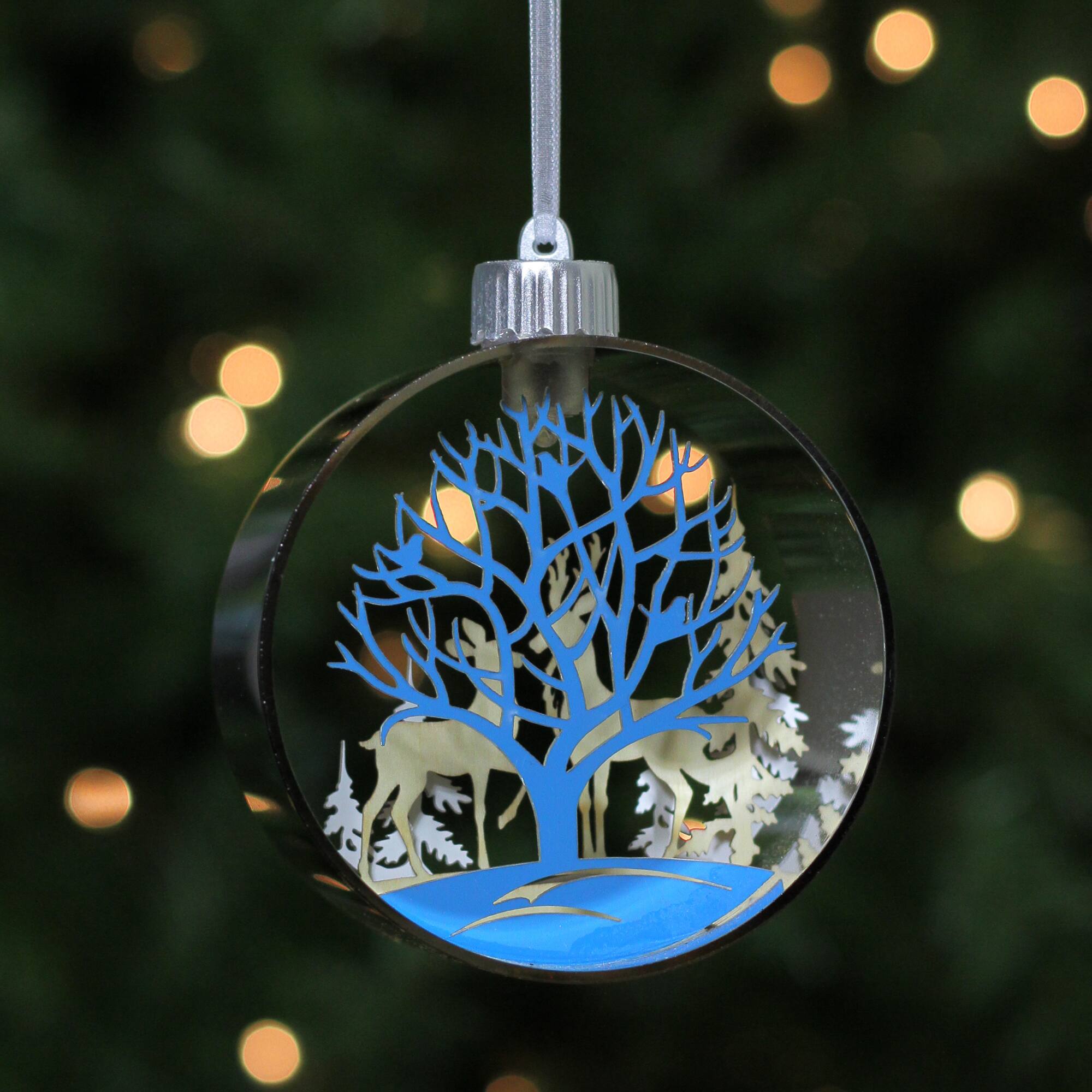 5&#x22; Pre-Lit Silver Woodland Animals Christmas Ornament