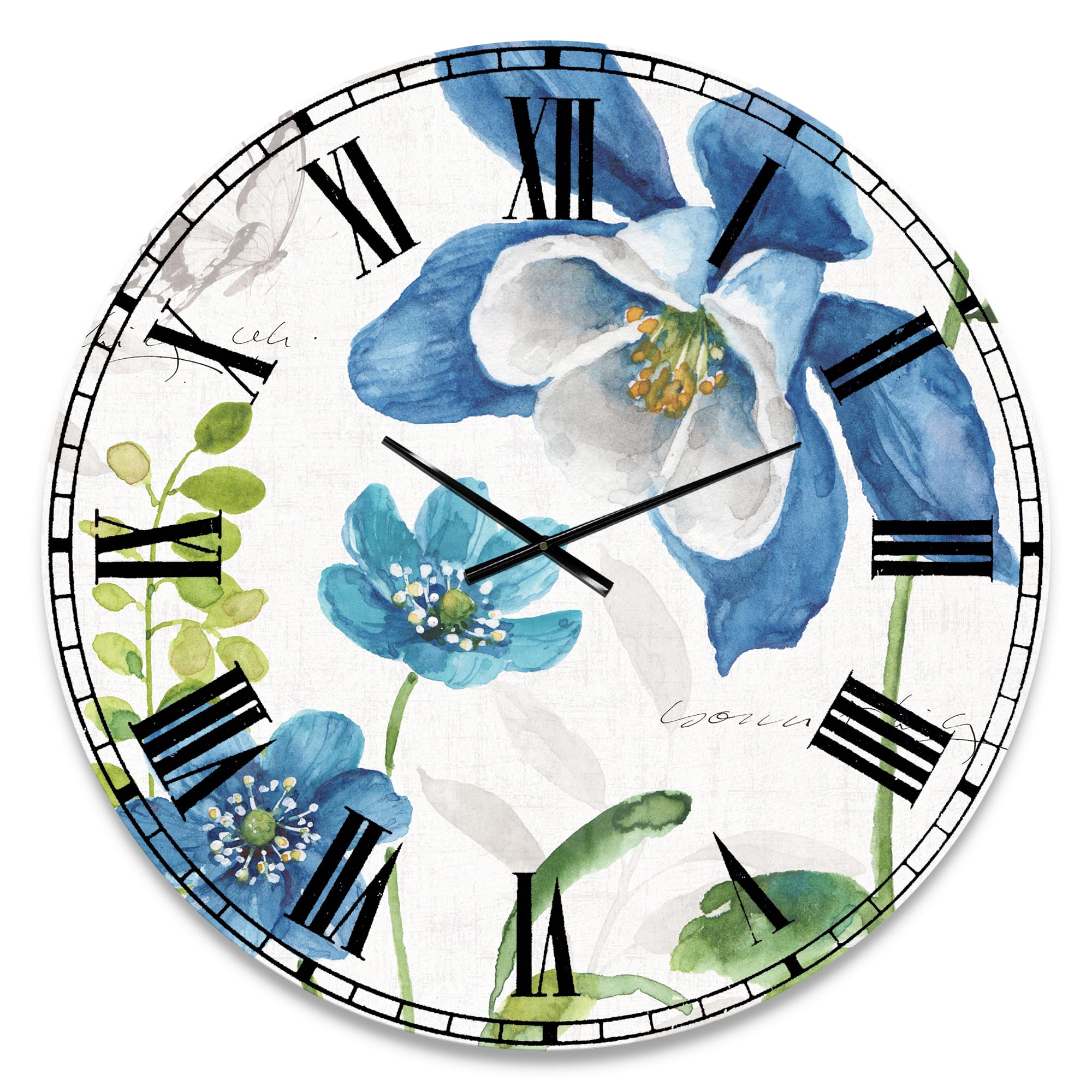 Designart &#x27;Blue Columbine Flowers With Butterfly Traditional Wall Clock