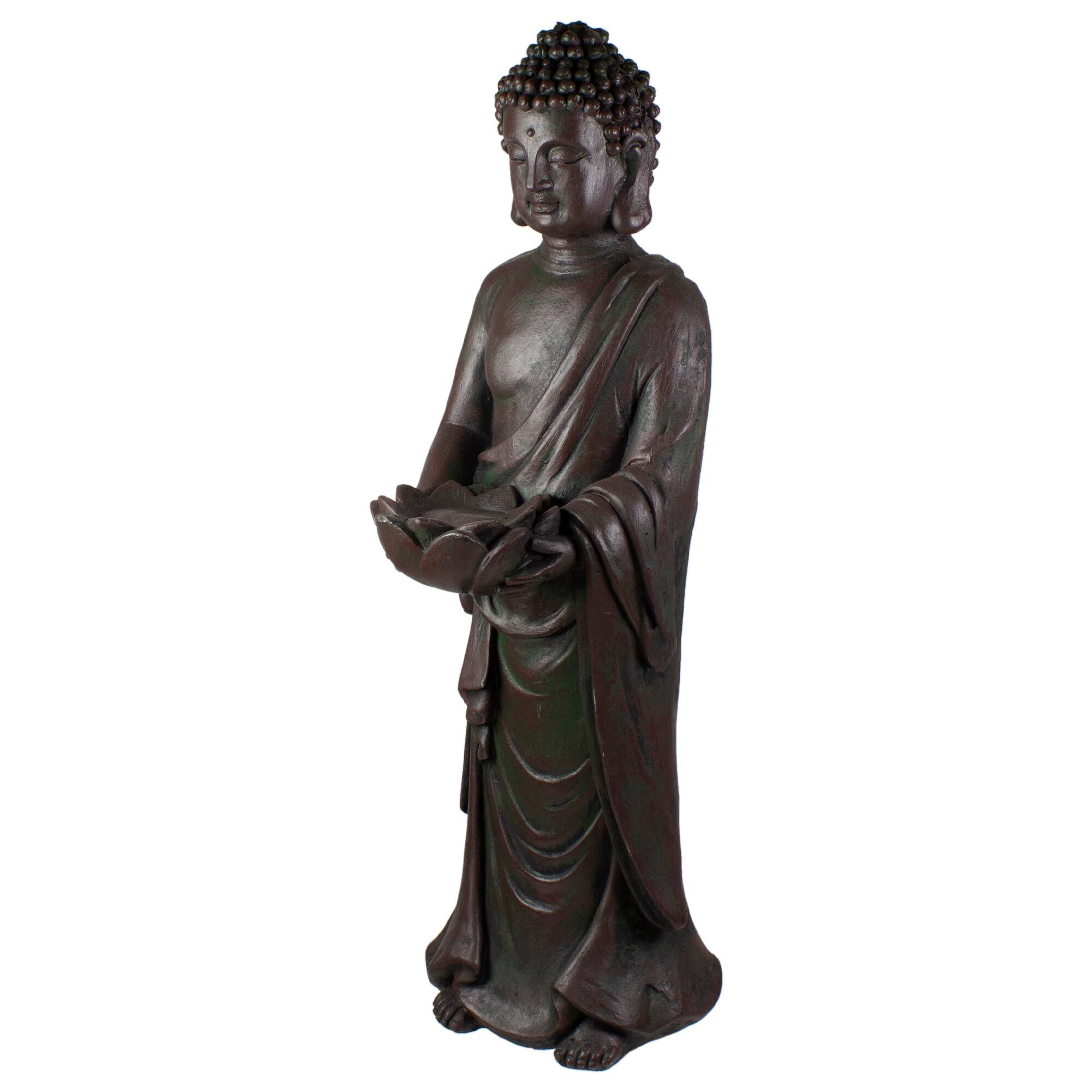 19.5" Dark Brown Standing Buddha with Lotus Outdoor Garden Statue