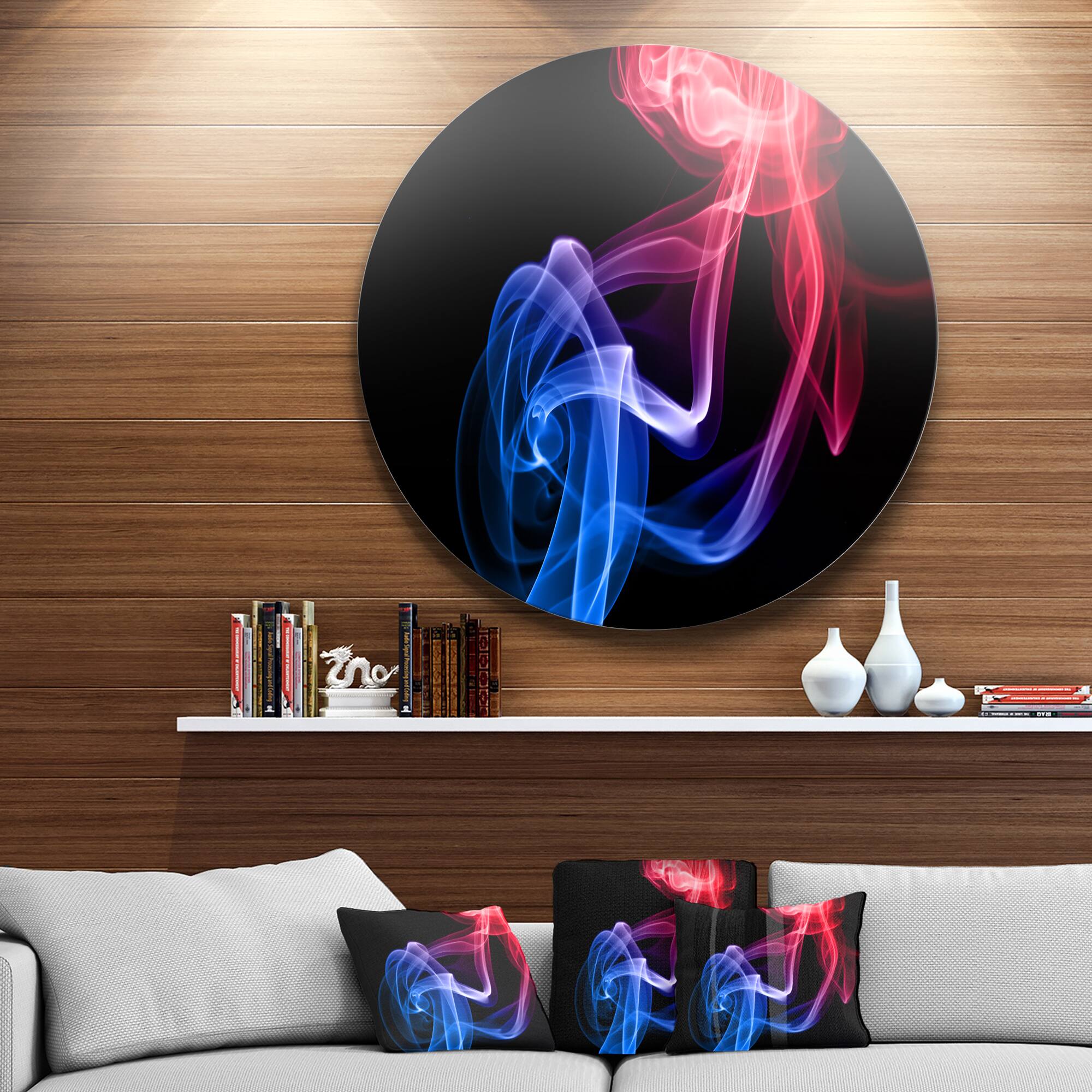 Designart - Blue Red Floating Smoke on Black' Disc Large Abstract Metal Circle Wall Art