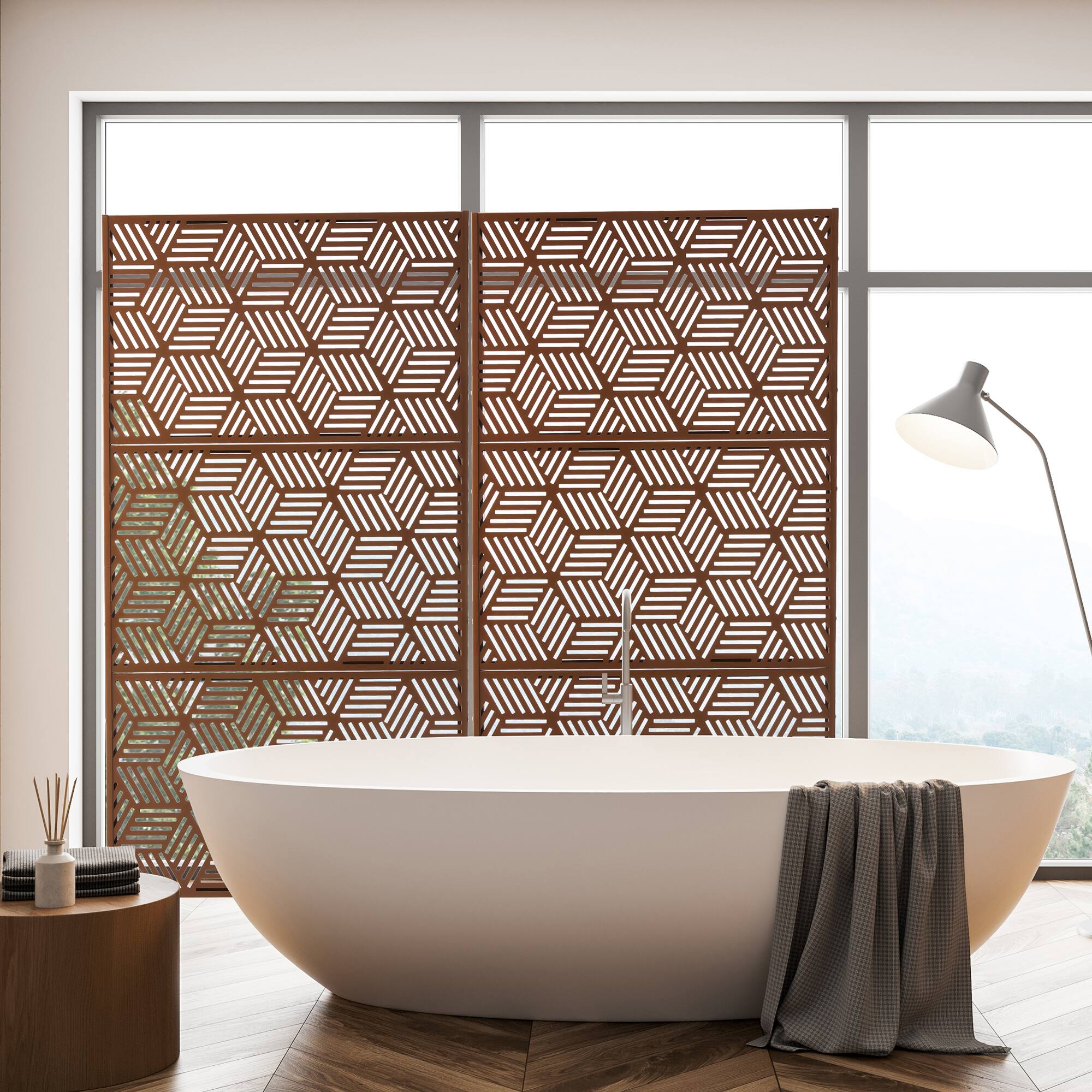 Glitzhome&#xAE; 6ft. Brown Galvanized Steel Geometric Pattern Privacy Screen Fence Panel &#x26; Room Divider