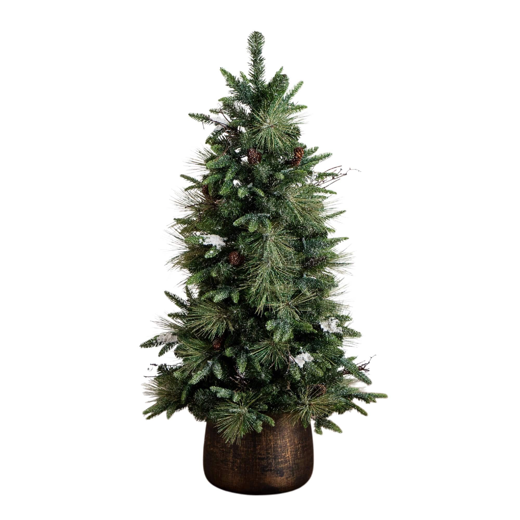 4ft. Pre-Lit Mixed Pine Snowed Artificial Christmas Tree with Pinecones in Decorative Planter, Warm White LED Lights