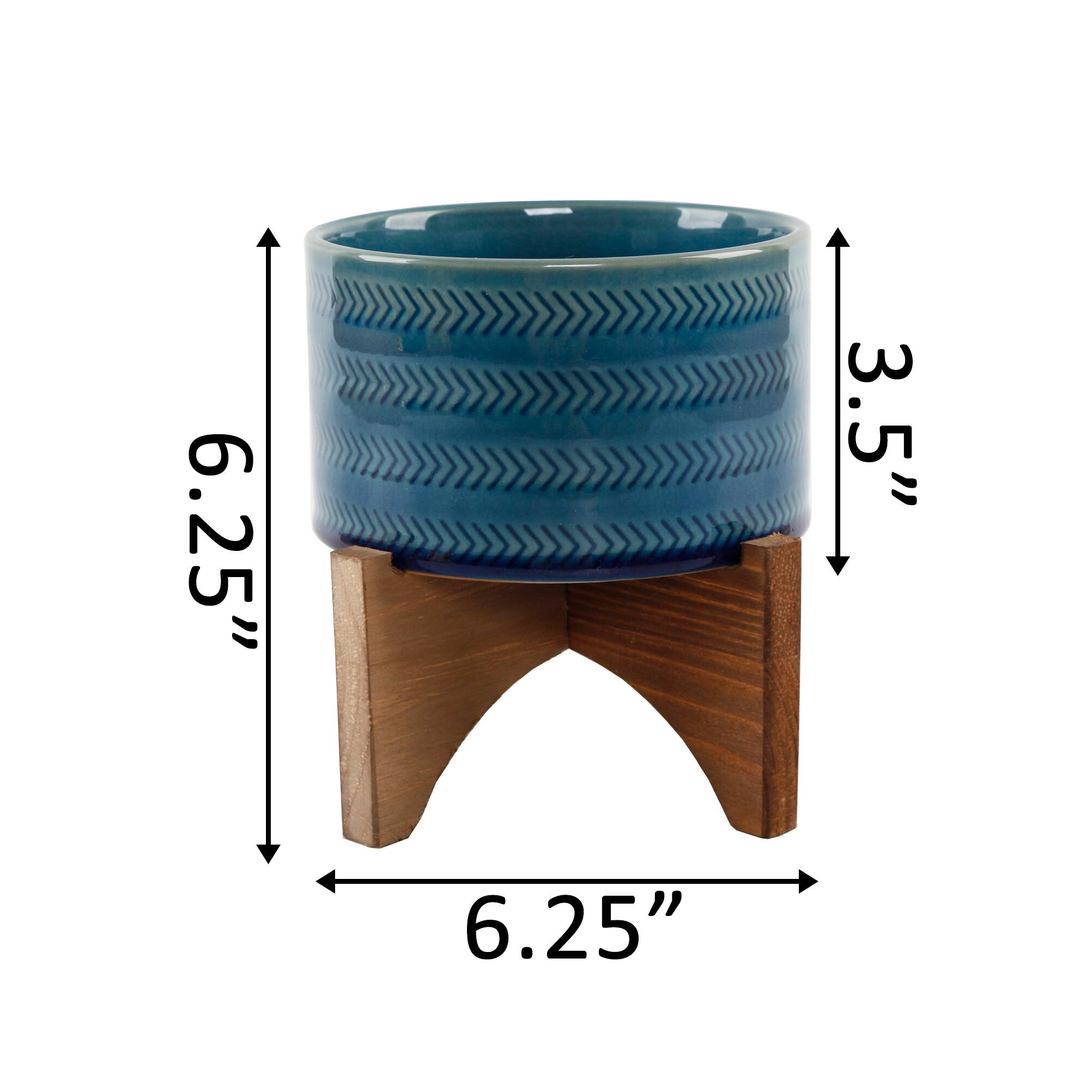 Flora Bunda® 5" Glass Teal Arrow Ceramic Planter on Wood Stand