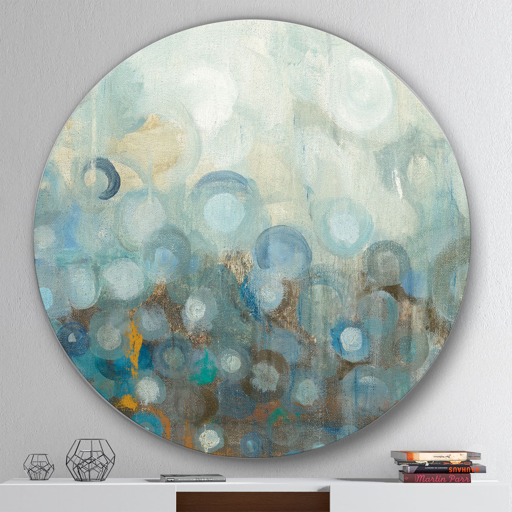 Designart - Blue and Bronze Dots on Glass II - Geometric Metal Circle Wall Art