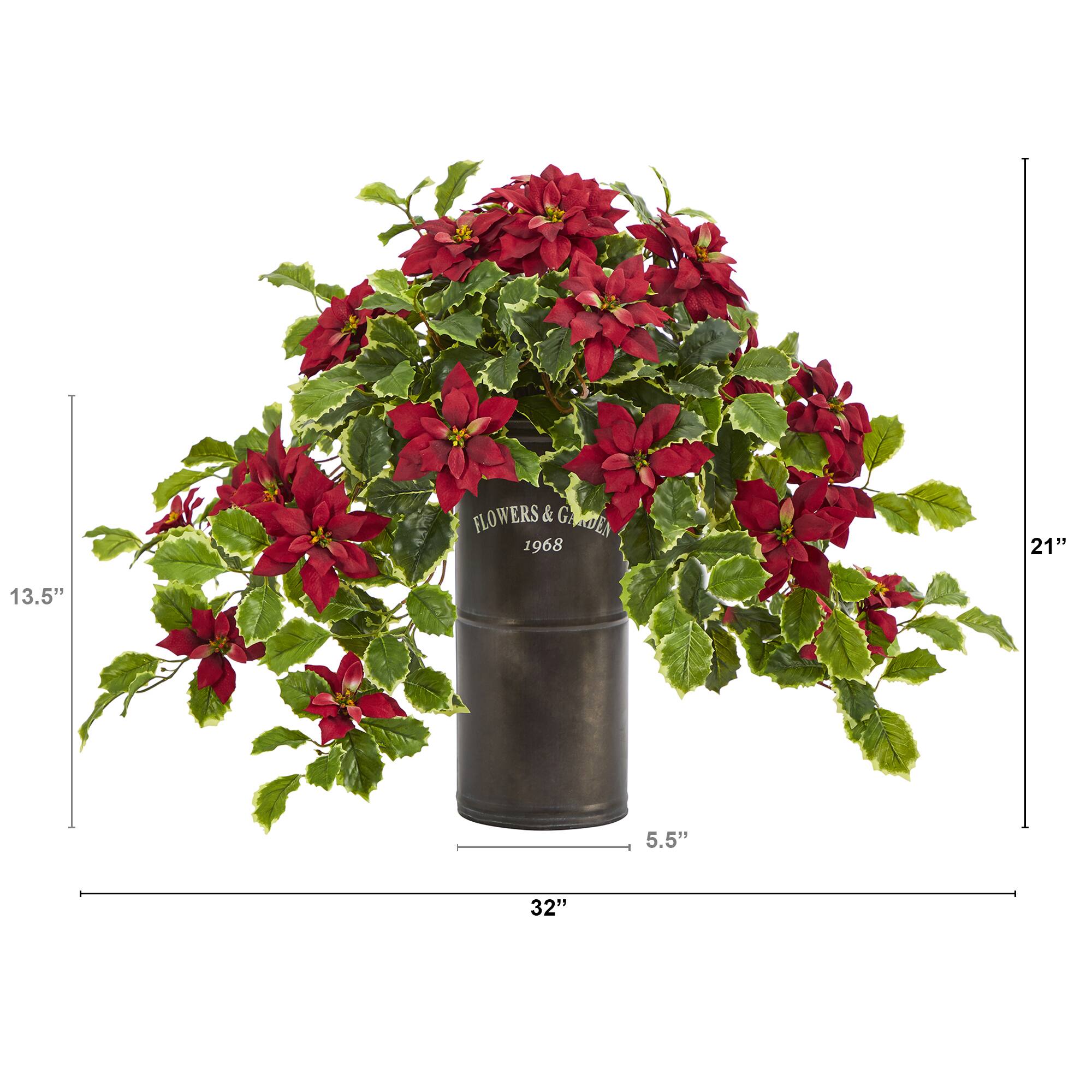 21" Poinsettia & Variegated Holly Plant in Decorative Planter