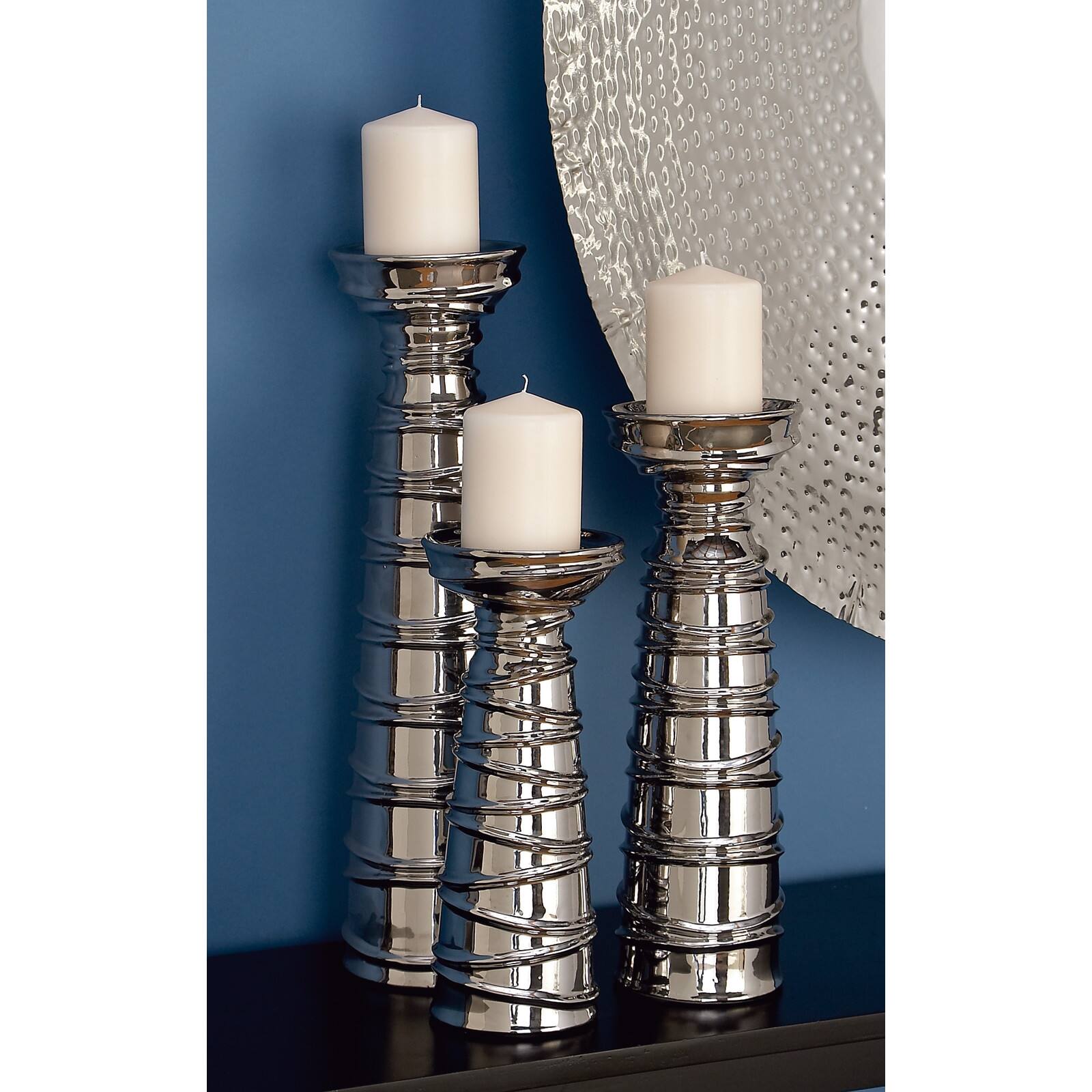 Silver Ceramic Contemporary Candle Holder Set