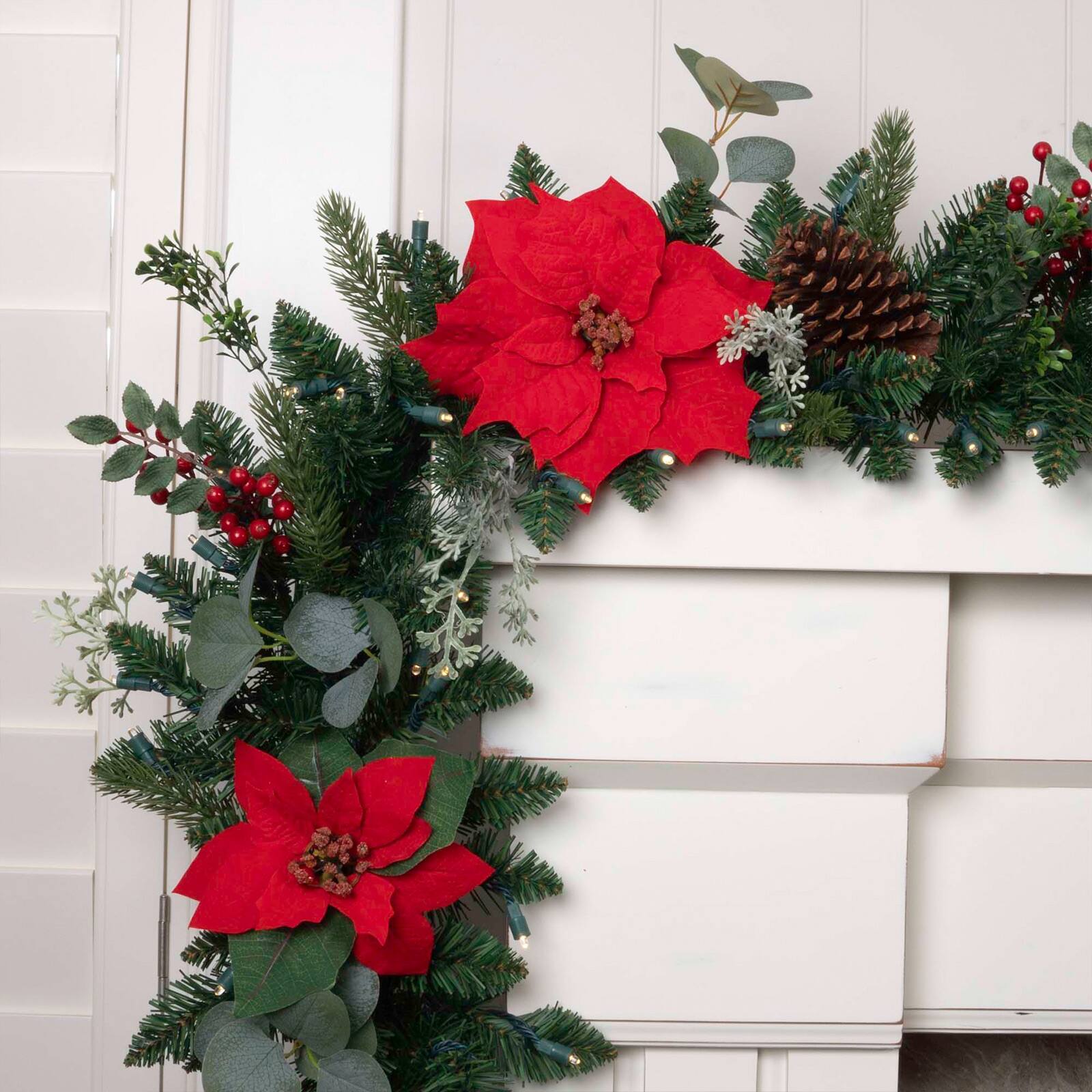 9ft. Pre-Lit LED Christmas Poinsettia Artificial Garland