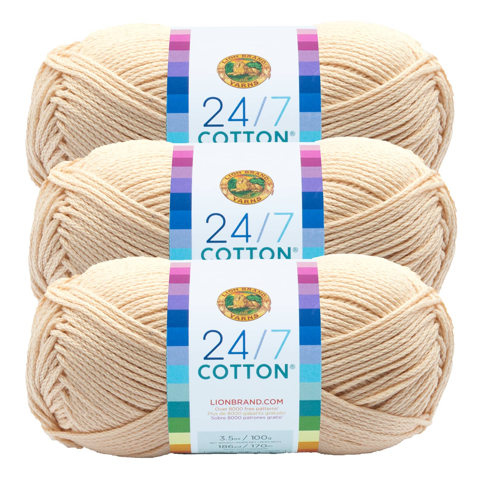Lion Brand Yarn 24/7 Cotton Hay Bale Mercerized Natural Fiber Medium Cotton Green Yarn 3 Pack, Size: 3.5 oz